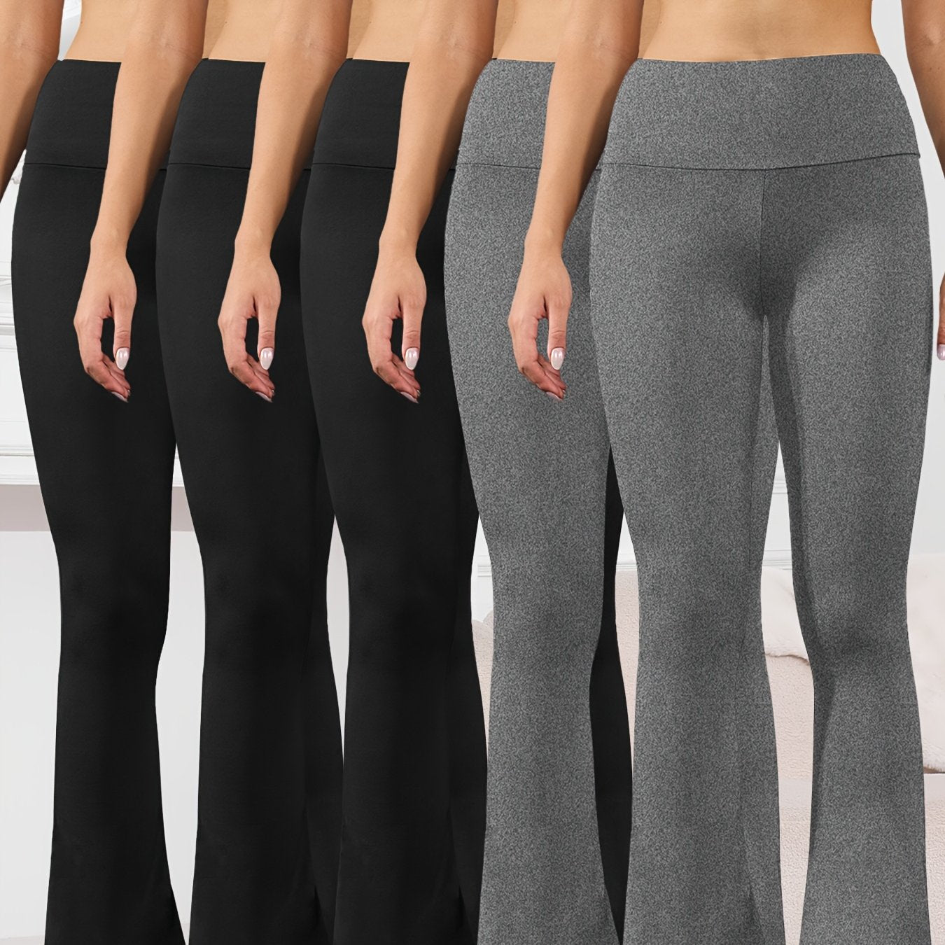 5pcs Women's Ultra-Soft High-Waist Flare Leggings - Tummy Control, Stretchy Bootcut Pants for Cycling & Sports, Available in 2 Colors