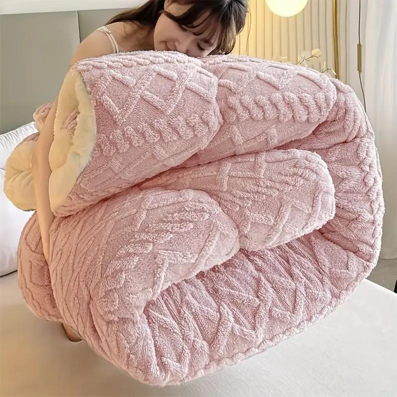 1pc Double-Sided Plush Fleece & Sheepskin Comforter - Warm, Soft, Skin-Friendly Winter Bedding with Geometric Pattern, Dry Clean Only, Deep Blue, Ideal for Cold Weather Coziness