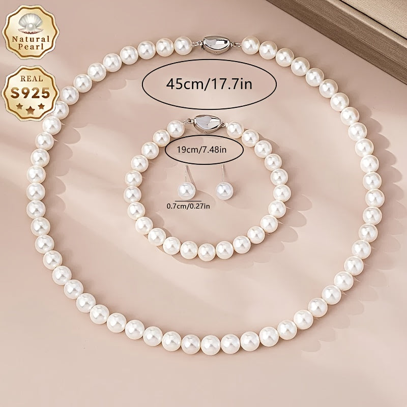 925 Sterling Silvery Freshwater Cultured Pearl Necklace Set with Stunning Bracelet and Stud Jewelry Set - Gift Giving, Banquet, Party, Fall/Winter Sweater Accessories