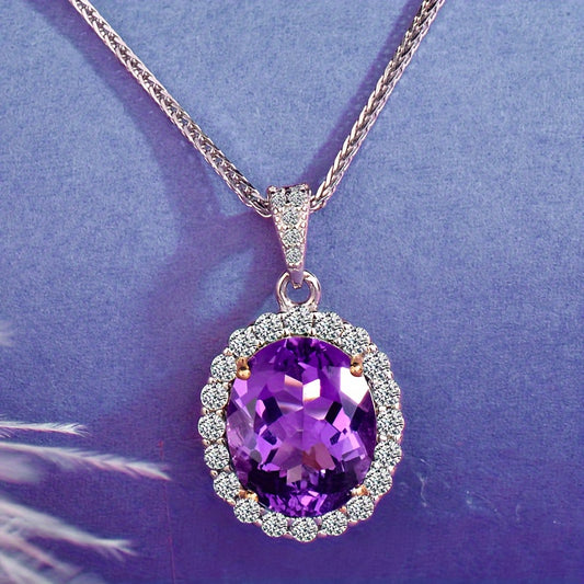 [1pc Amethyst 925 Sterling Silver Pendant Necklace] CUANAIR Elegant 925 Sterling Silver Pendant with Amethyst, Round Mosaic, Non-Magnetic, Purple, with 17.72inch Chain for Women'S Fashion Jewelry