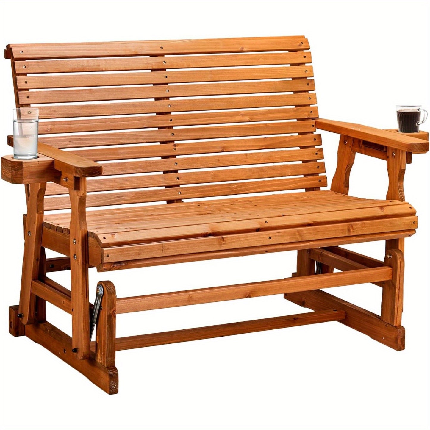 [Wood Patio Glider Bench] Heavy Duty 800 LBS Outdoor Glider Bench Wood Patio Glider with Cup Holders, Porch Glider Chair Outdoor Bench Glider Loveseat with Smooth Rocking Mechanism