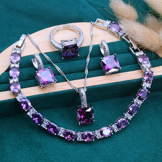 5pcs Vintage Style Copper Jewelry Set with Synthetic Purple Cubic Zirconia - Necklace, Earrings, Pendant, Ring, Bracelet - Ideal for Weddings, Christmas, Thanksgiving Gift, All-Season Accessory