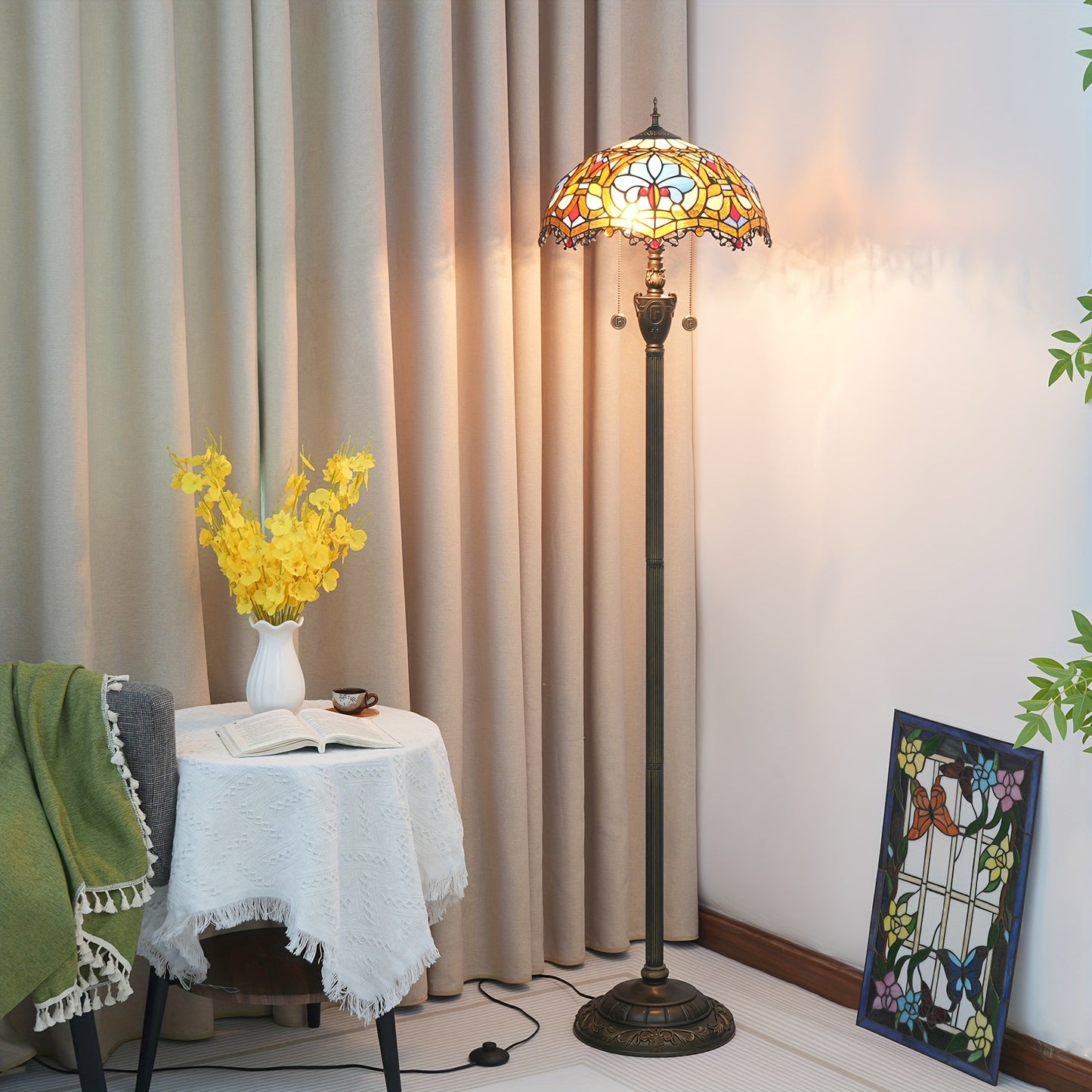 1pc 16X64.2in Stained Glass Lamp Warm Baroque Style Floor Lamp Standing Reading Lamp Bedroom Living Room Home Office Hotel Room Bedroom Bedside Lamp Shop Decorative Lighting Shooting Props