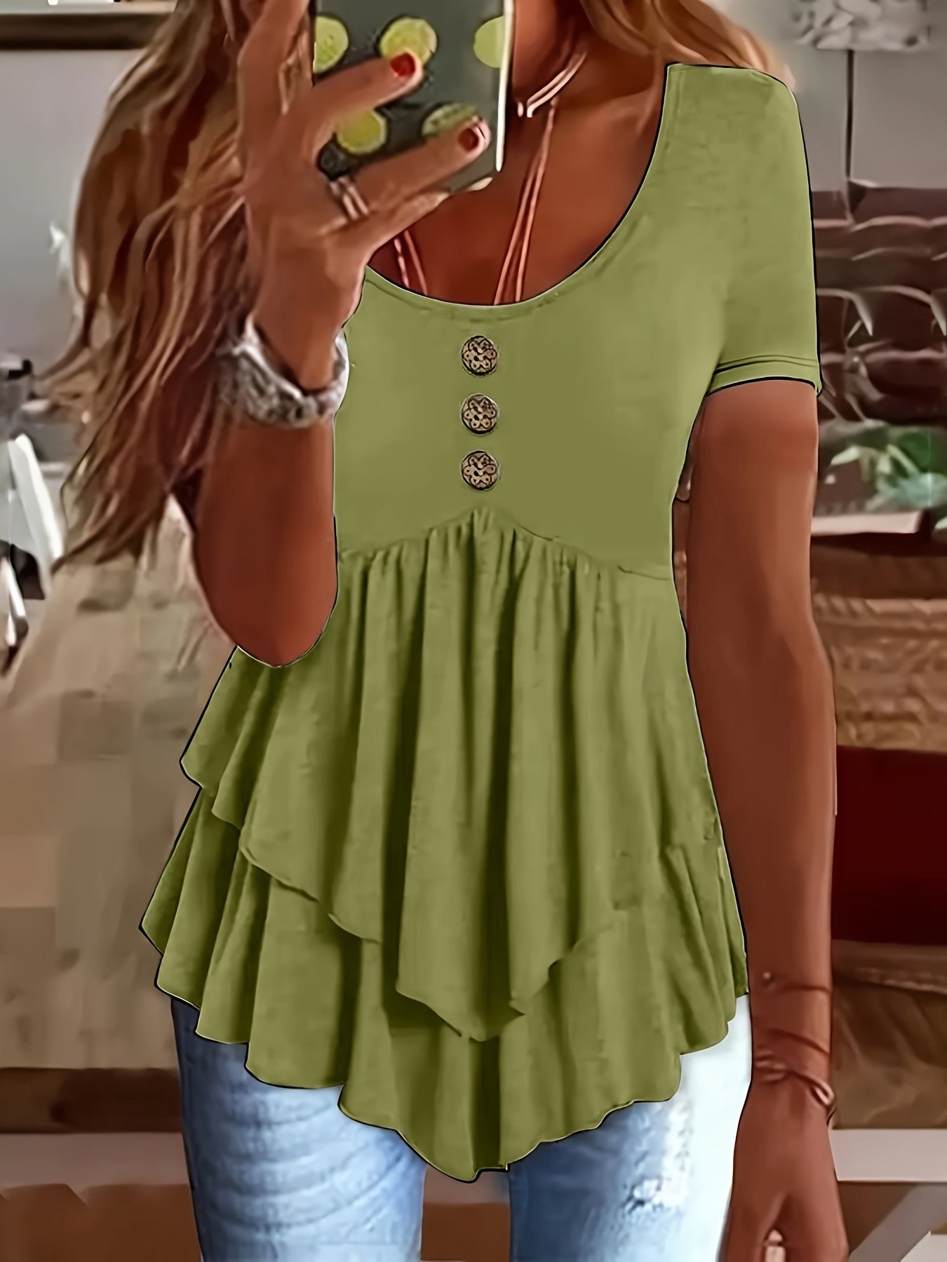 Women's Mint Green Crew Neck T-Shirt - Non-Stretch Casual Blouse with Front Button Closure, Tiered flare hem for Everyday & Formal Outfits - Machine Washable Summer Top, Ladies T-shirts, Nonstretch Fabric, Spring Fashion, Lig
