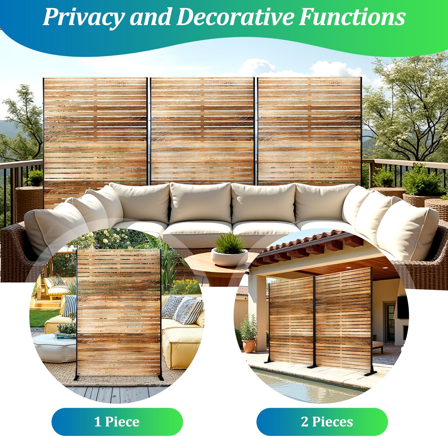Natural Wood-Look Metal Privacy Screen, 4ft x 6ft - Freestanding Outdoor Fence with Bracket for Patio, Balcony, Backyard & Garden, Decorative Privacy Screen Panel, Metal Outdoor, 4ft W X 6ft H