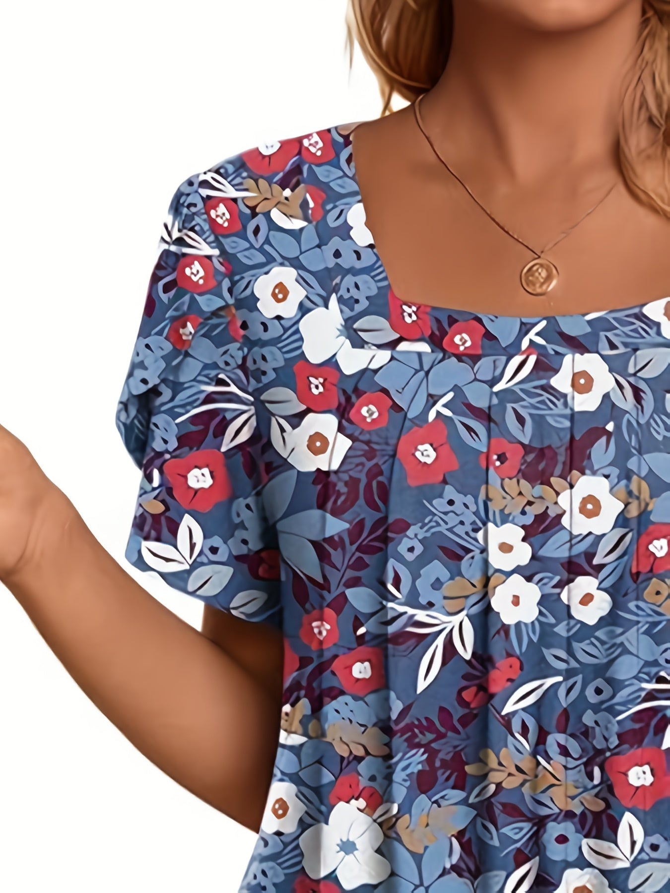 [Soft Polyester T-Shirt] Soft Polyester Women's Elegant Casual Short Sleeve T-Shirt | Square Neck Top with Chest Ruching & Floral Print Petal Sleeves, Relaxed Fit Machine Washable Spring Summer Blouse