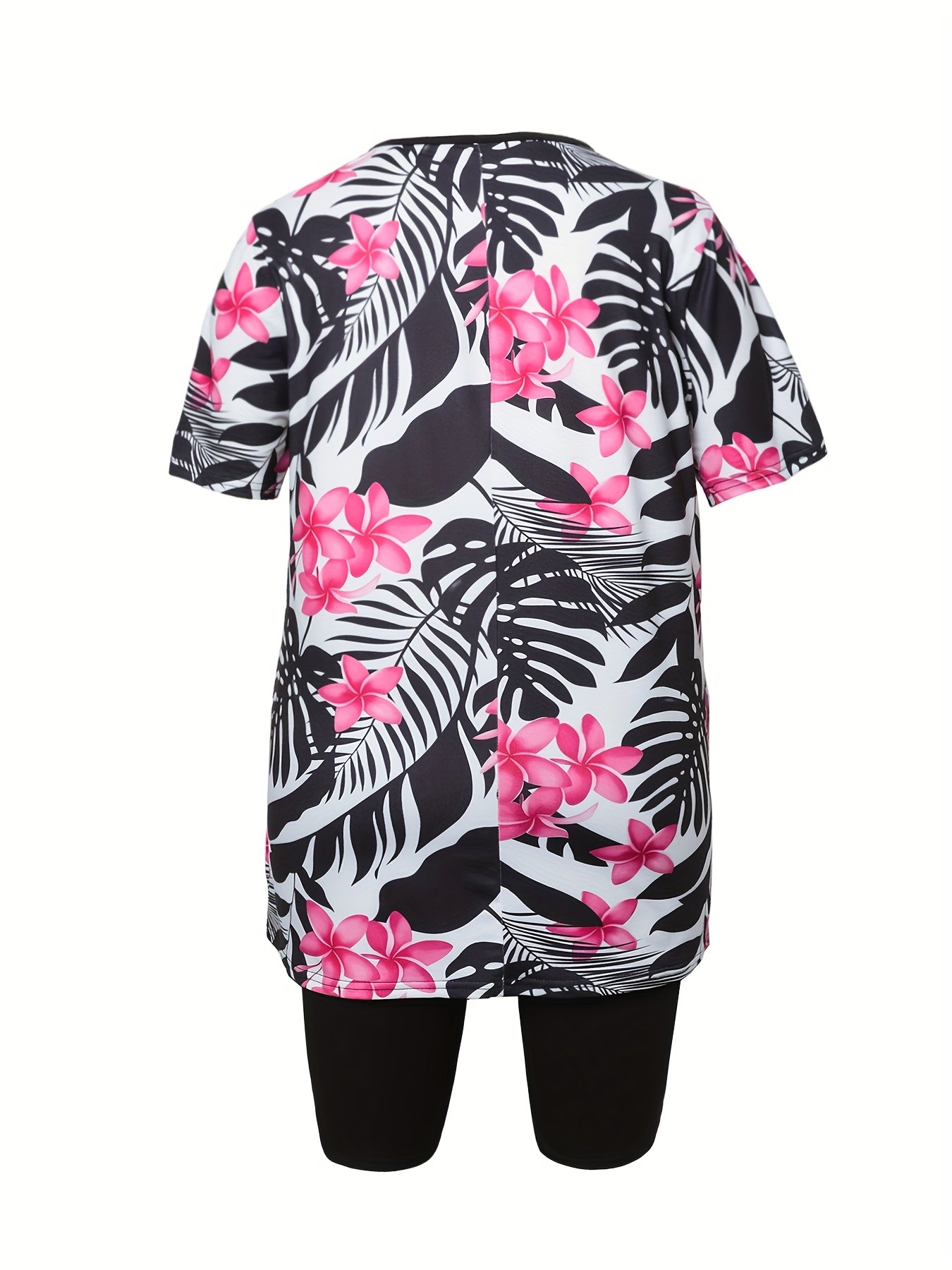 Women'S Elegant Two-Piece Leaf Print Casual Shorts and Top Set - Floral and Foliage Design, Short Sleeve T-Shirt with Round Neckline, Black and White, All-Season Comfort, Casual Attire|Floral Print Top|Short Sleeve Top, Flora