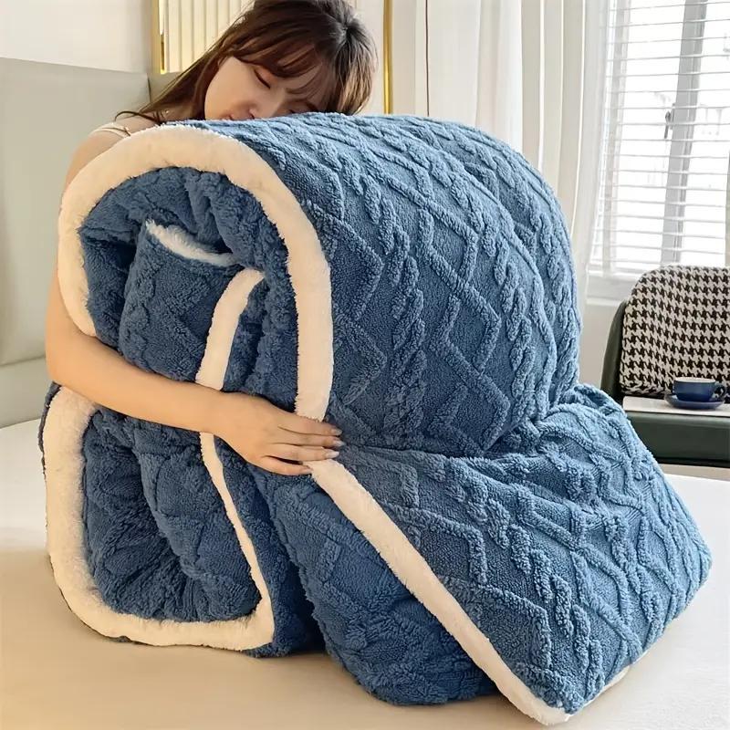 1pc Double-Sided Plush Fleece & Sheepskin Comforter - Warm, Soft, Skin-Friendly Winter Bedding with Geometric Pattern, Dry Clean Only, Deep Blue, Ideal for Cold Weather Coziness