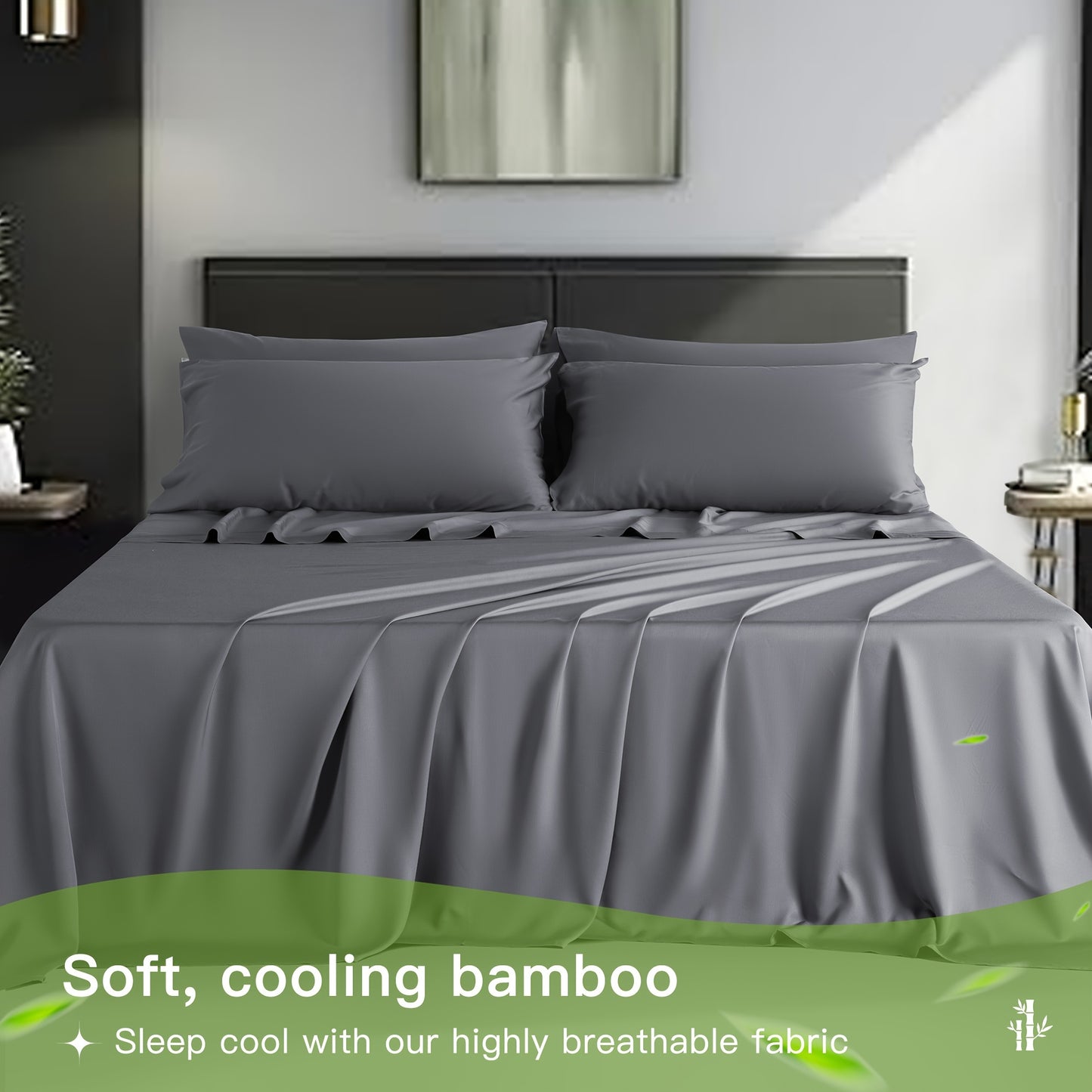 LBRO2M 4/6pcs Bamboo Bed Sheets Set, Luxury Silky Breathable Sheet Set, Ultra Soft Sheet for Hot Sleepers, 16" Deep Pocket, California King/King/Queen/Full
