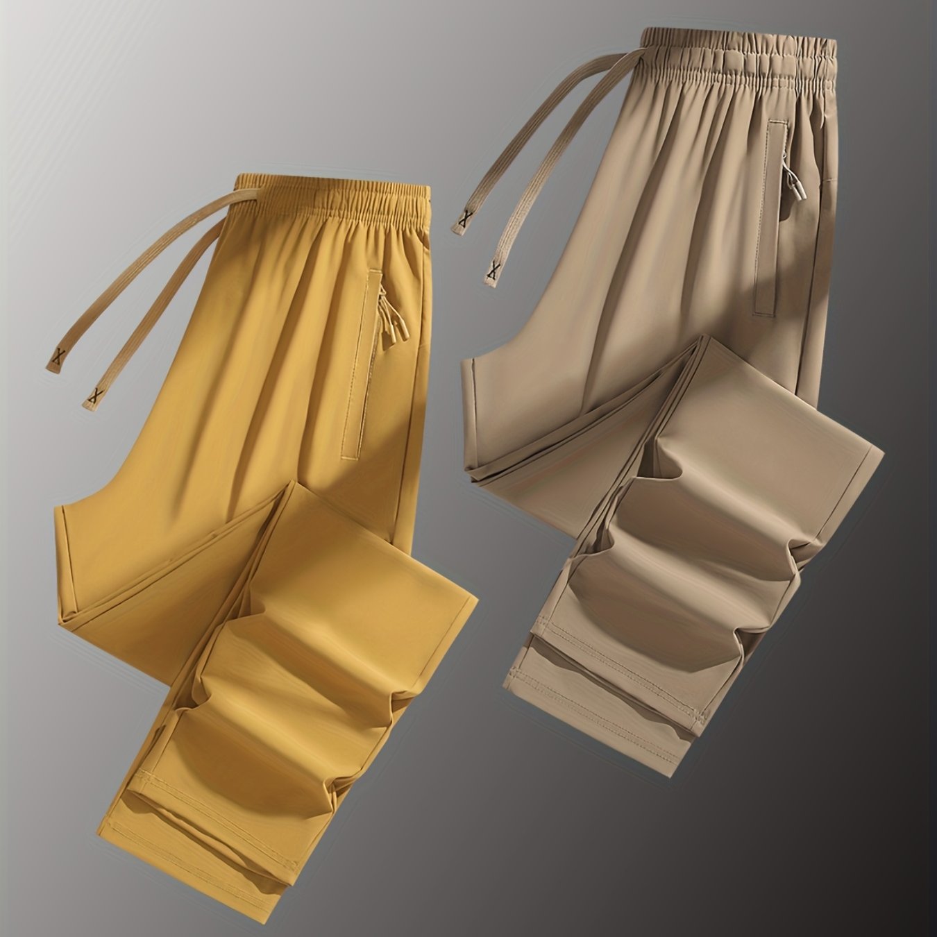 Two Pairs Of Summer Women's Long Pants, Solid-color Pants for Women, Elastic Drawstrings At The Waist, Hidden Zipper Pockets, Straight-leg Pants with Nylon And Spandex Medium-elastic Fabric, Ice Silky Quick-drying Pants, Wome