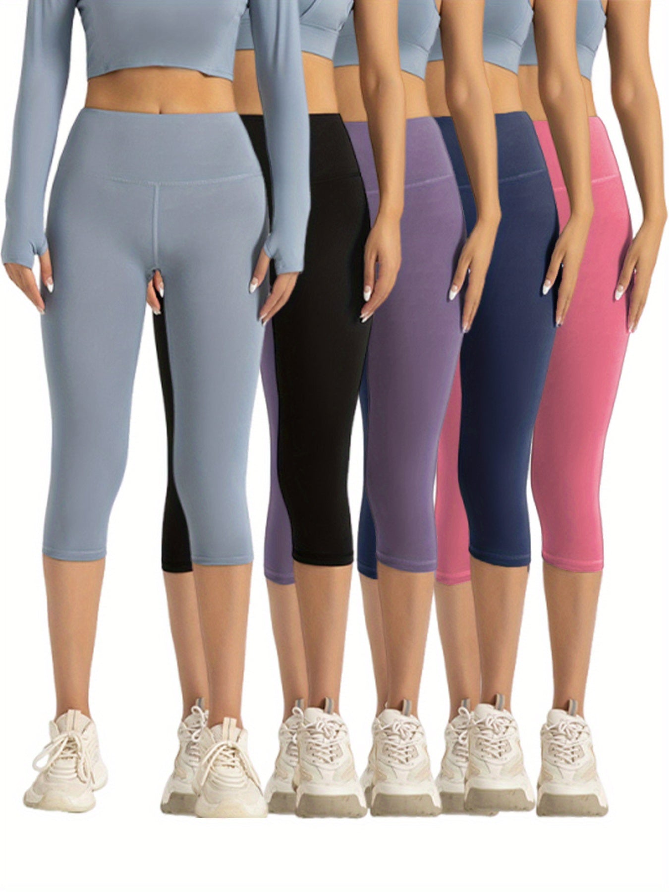 [Cloud-like Capri Pants] 5pcs Women's Capri Athletic Pants | Cloud-like Bare Light Beige Feel, 4-Way Stretch, Breathable, All-purpose for Yoga Running