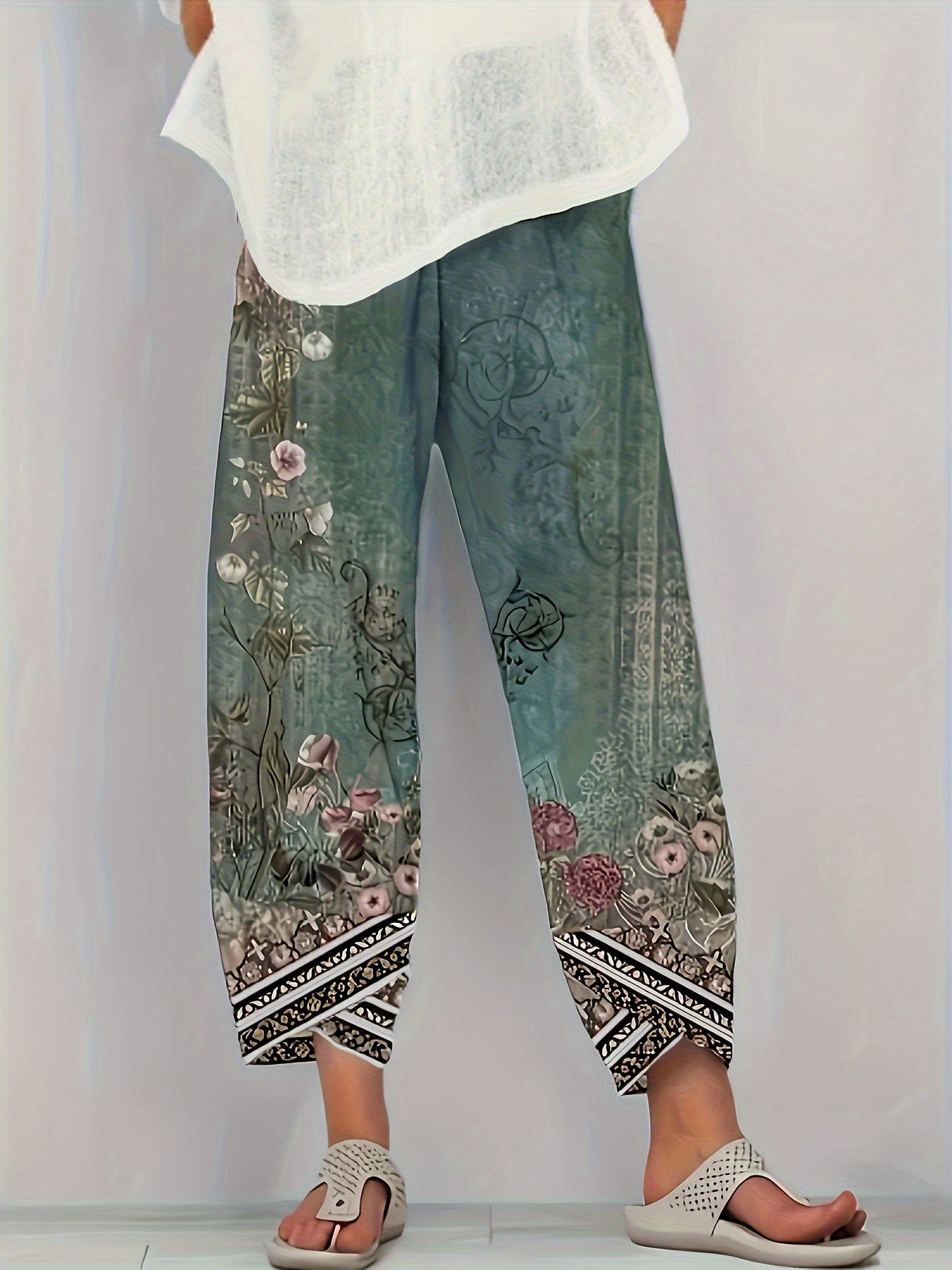 [Floral Print Palazzo Pants] Plus Size Floral Print Palazzo Pants | High Waist Wide Leg Cropped Pants, Soft Polyester Casual Summer Pants for Women, Lightweight & Breathable, Perfect for Casual Attire, Allseason Pants