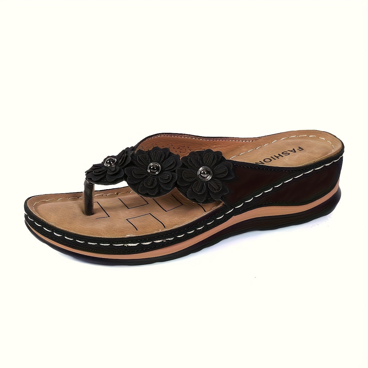 Ladies' Floral Decorated Wedge Sandals, Casual Toe Pick Thick Soled Flip Flops, Comfortable Summer Sandals