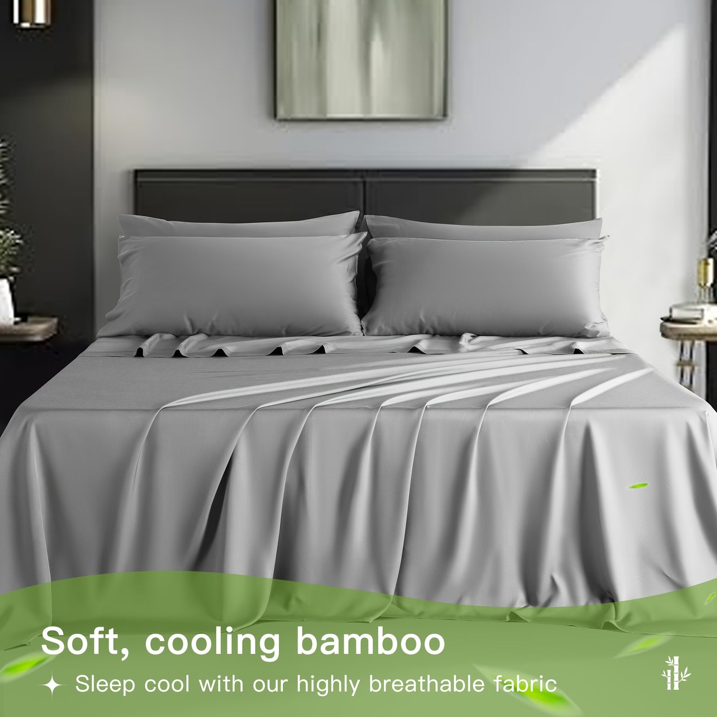 LBRO2M 4/6pcs Bamboo Bed Sheets Set, Luxury Silky Breathable Sheet Set, Ultra Soft Sheet for Hot Sleepers, 16" Deep Pocket, California King/King/Queen/Full