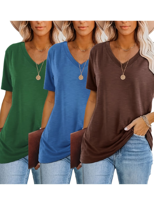 [Fashion T-Shirt] Three-Piece V-Neck Short Sleeve T-Shirt Set | 2025 European and American Fashion Casual Loose Women's
