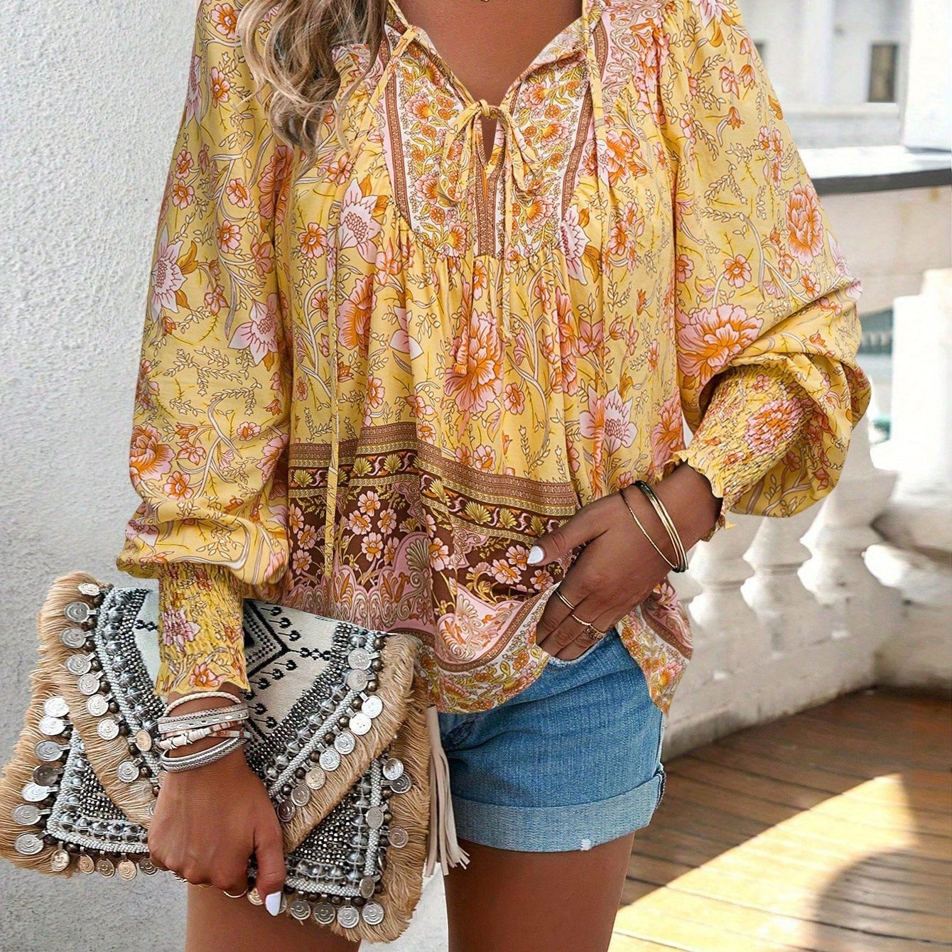Women's Bohemian Floral Print V-Neck Long Sleeve Blouse - Elegant All-Season Top with Multicolor Blue Pink Green Purple Orange Yellow White Patterns, Lace-Up Front & Machine Washable Shirt for Beach Vacation & Casual Attire,