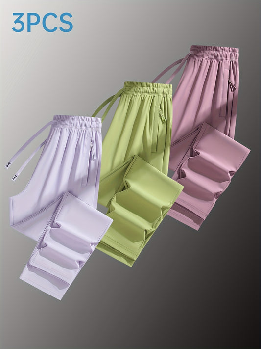 Three Pairs of Summer Women's Solid Color Long Pants with Elastic Drawstring Waist, Hidden Zipper Pockets, Nylon-Spandex Blend for Stretchy Straight-Leg Fit, Quick-Dry Fabric, Suitable for Daily Outings, Leisure, And Workouts