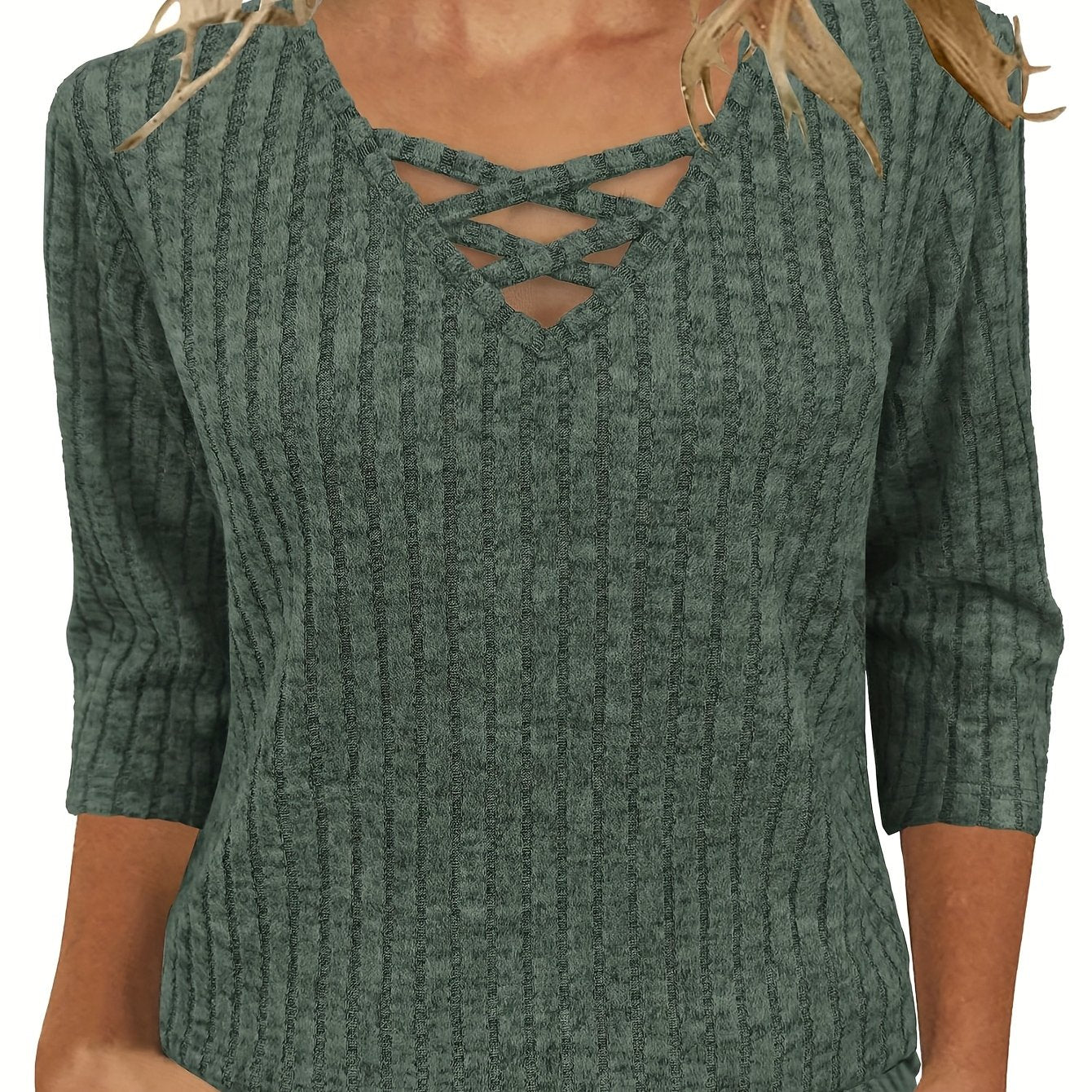 Women'S Casual 3/4 Sleeve V-Neck Top - Lightweight Loose Fit Pullover Shirt with Crisscross Front Detail, All-Season Comfort, Solid Color, Versatile for Casual Attire & Layering, Relaxed Outfit, Stylish Pullover, Quality Stit