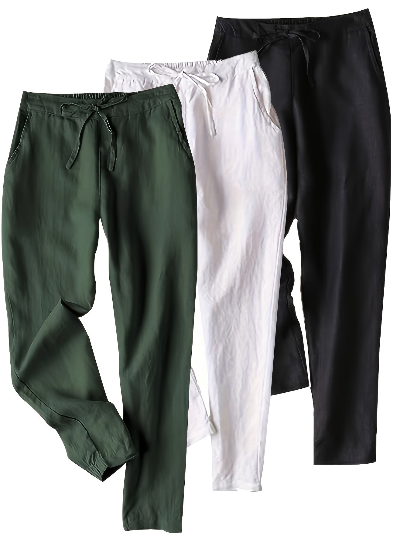 3pcs Linen Pants Women'S Summer Casual High Waist Drawstring White Beach Pants