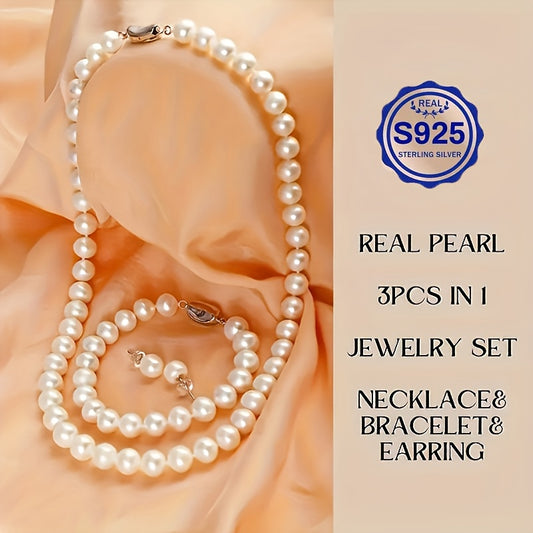 925 Sterling Silvery Freshwater Cultured Pearl Necklace Set with Stunning Bracelet and Stud Jewelry Set - Gift Giving, Banquet, Party, Fall/Winter Sweater Accessories