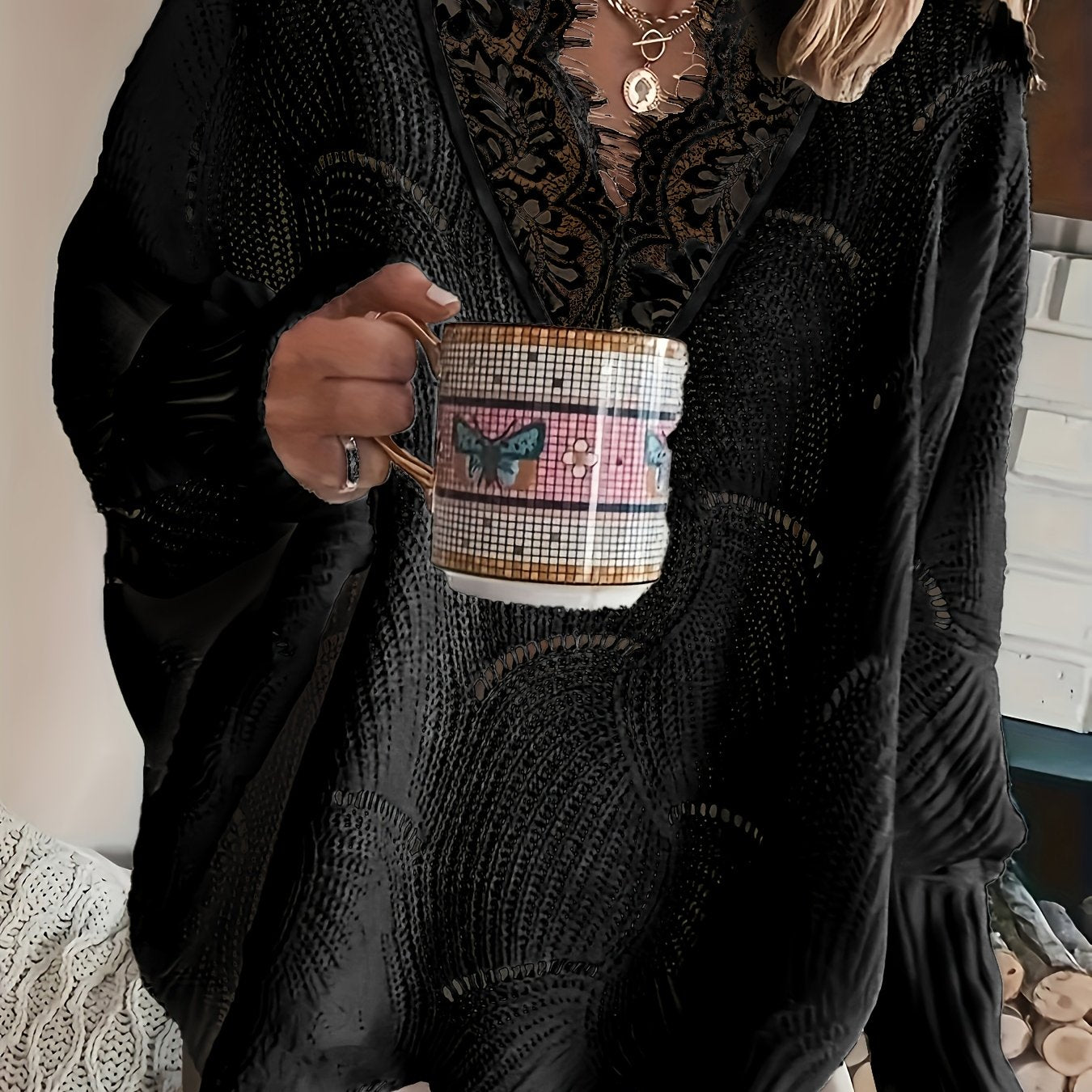 Women'S Casual Acrylic Knit Pullover Sweater with Contrast Lace Detail - V-Neck, Solid Color, Perfect for Spring/Summer/Fall