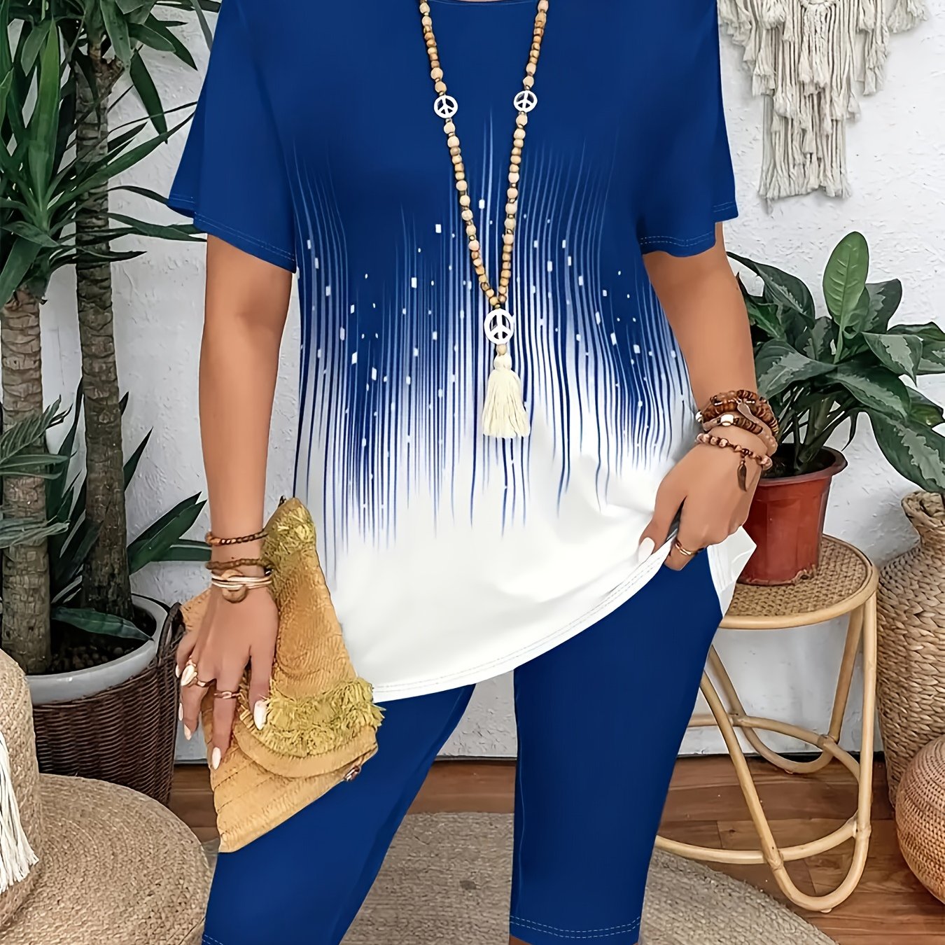 Women's Fashion Casual Breathable Short Sleeve Two-Piece Set, Colorful Striped Print, Five-Quarter Stretch Leggings, Suitable for Daily Commute, Leisure Wear, Travel Vacation, Casual Wear, Daily Outfit, Trendy Fashion, Colorf