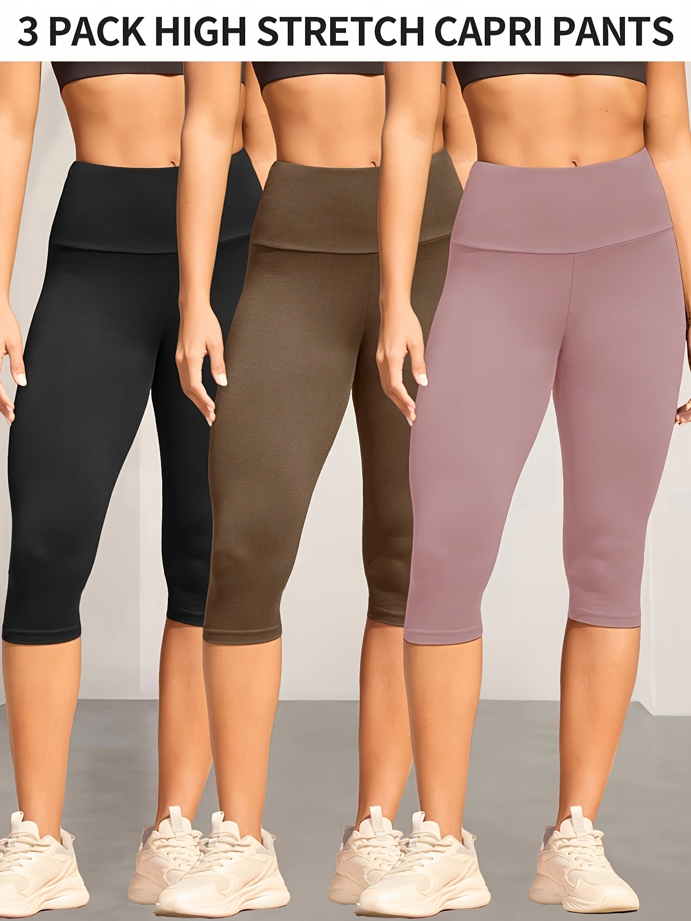 3-Pack Women's High Waisted Tummy Control Yoga Capri Pants - Super Soft Non-See Through Workout Leggings, High-Elasticity Machine Washable Solid Color for Running, Gym & Casual Wear (Spring/Summer/Fall)