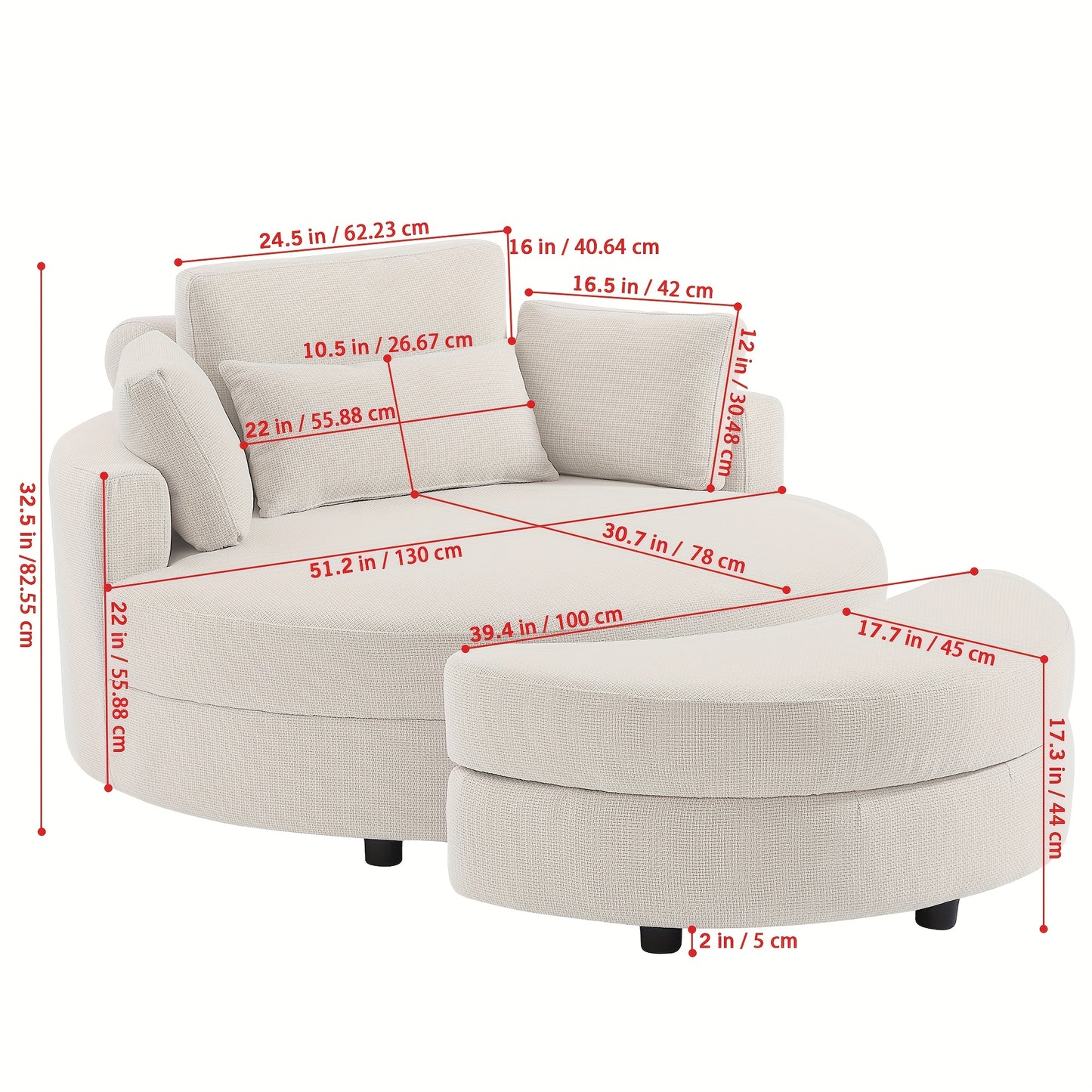 51.2" Ottoman-Shaped Cushion Chair with Storage, Linen Fabric, Includes Adjustable Headrest and Four Pillows, Large Size for Living Room/Bedroom/Office/Hotel Sofa