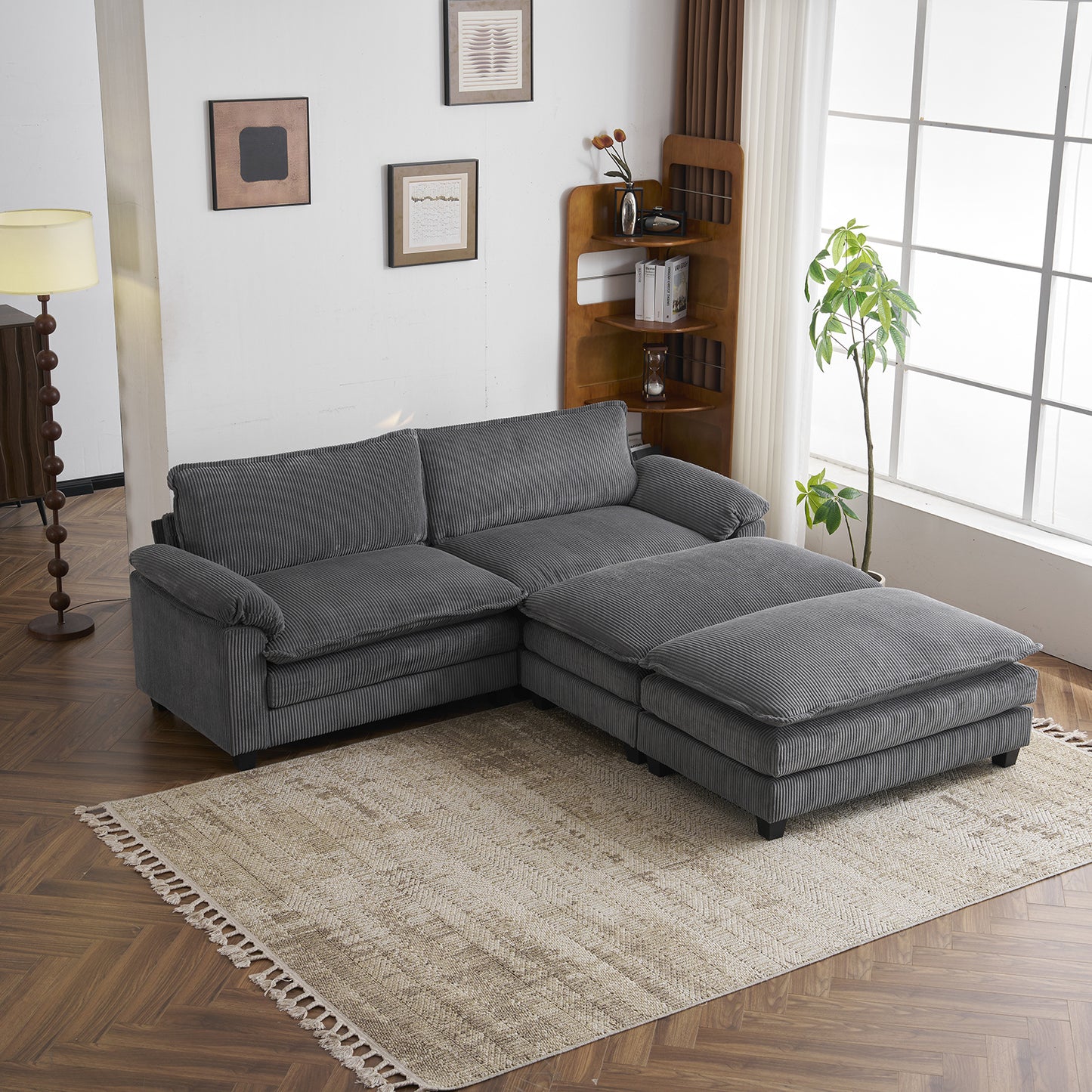 [Modern Cloud Sofa] MOTOOS 90.16 Inch Modern Corduroy Combination Cloud Sofa with Two Footstools, Double Layer Soft Cushion Double Sofa, Comfortable Sofa Bed, 2 Pillows and Removable Armrests