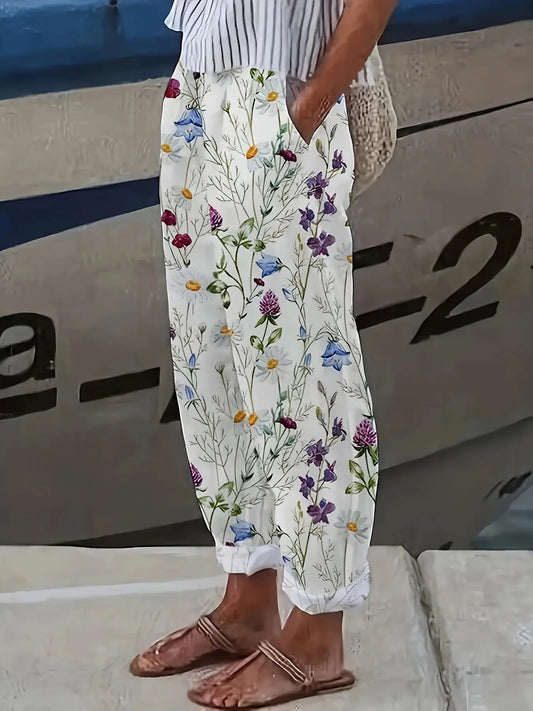 Women'S Floral Print Wide-Leg Trousers - Elastic Waist with Drawstring, Loose-Fit Trousers with Pockets, Machine Washable Polyester, All-Season Casual to Formal Trousers for Women, Vibrant Floral Print in Blue, Purple, Pink,