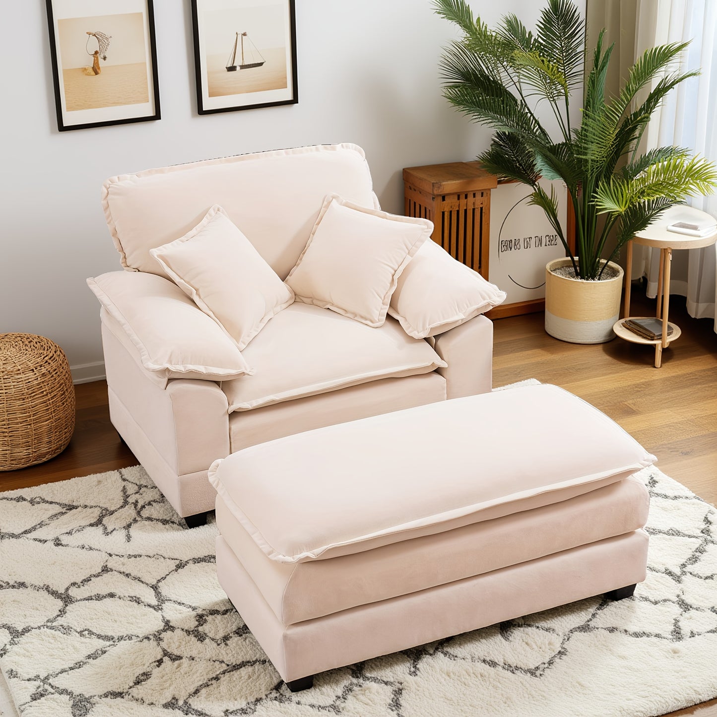 46.9 Inch Velvet Single Sofa with 2 Folding Pillows And An Ottoman, Comfort Sofa - Living Room Apartment Deep Seating Sofa, Upholstered Recliners