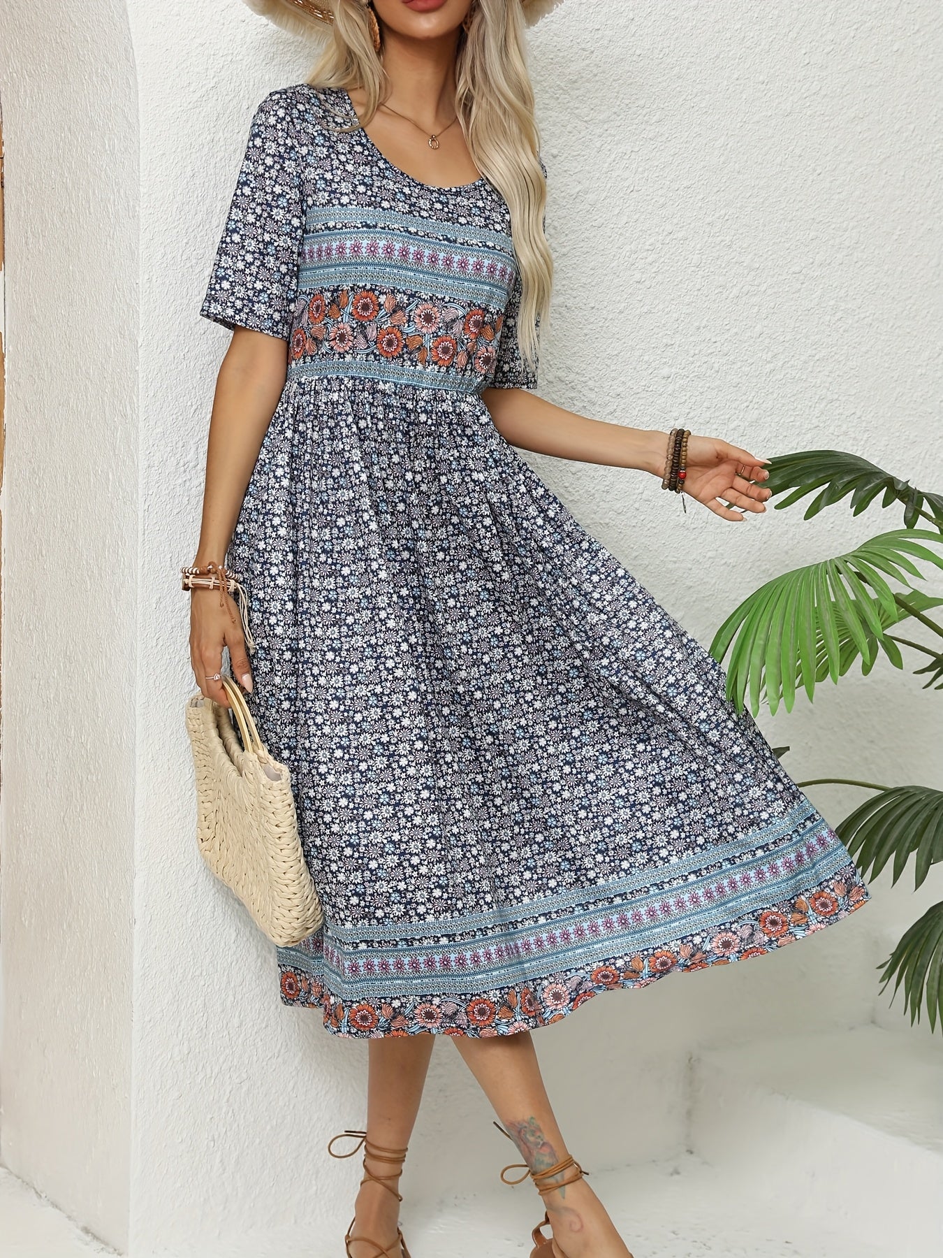 2025 Women'S Summer Floor-length Skirt Crewneck Short Sleeve Classic Paisley Print Skirt Casual Pleated Skirt With Pockets