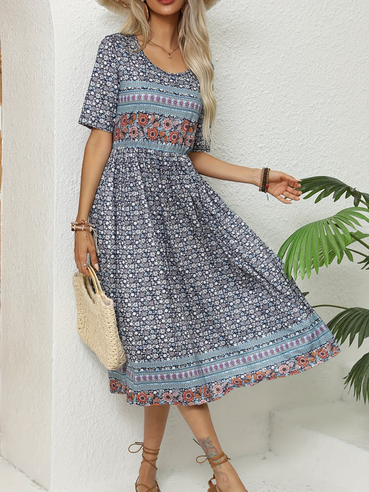 2025 Women'S Summer Floor-length Skirt Crewneck Short Sleeve Classic Paisley Print Skirt Casual Pleated Skirt With Pockets