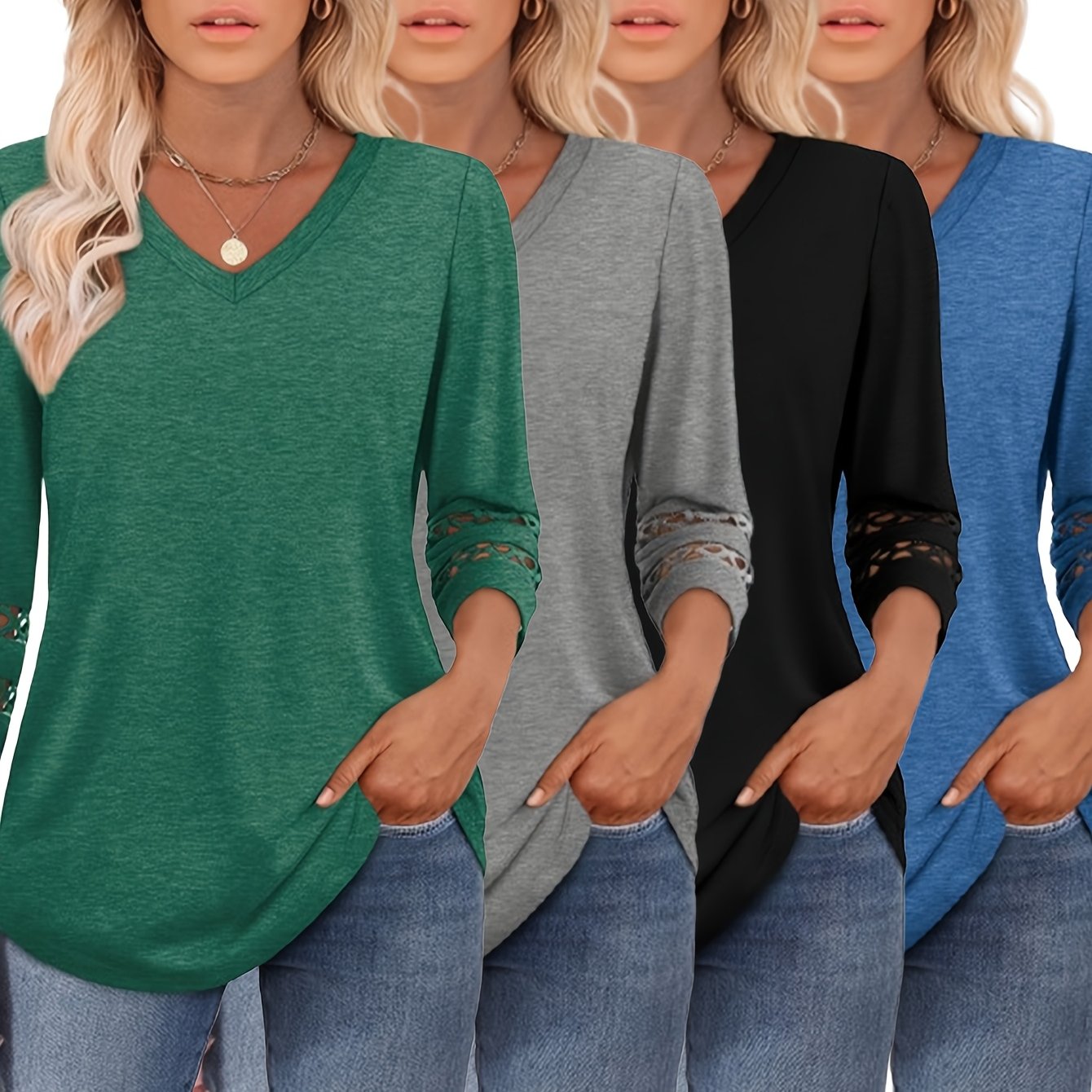 Four-Piece Set Women's 3/4 Sleeve Fashion Casual V-Neck T-Shirt Top