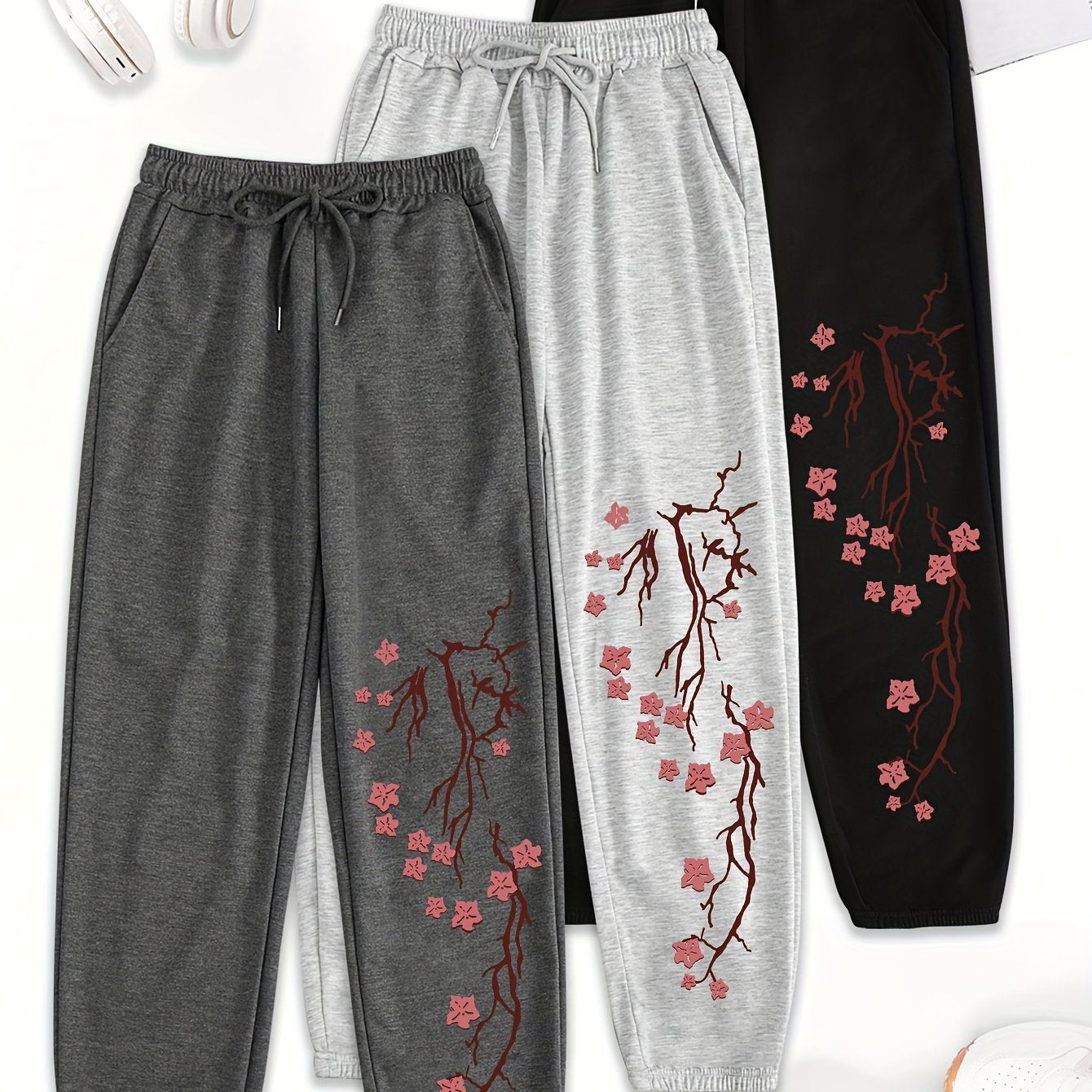3pcs Women'S Casual Joggers with Elastic Waistband - Loose Fit, Drawstring Pants, White & Gray with Red Floral Print, All-Season Comfort, Jogging Pants
