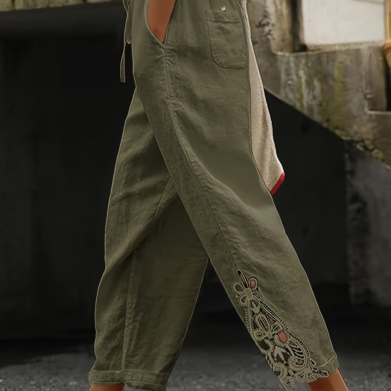 Women'S Casual Fashion Trousers - With Pockets, Waist Drawstring Design, Lace Stitching Design On The Trouser Legs, Suitable For Daily Commuting, Casual Outings, Vacation Travel, Spring, Summer And Autumn Trousers
