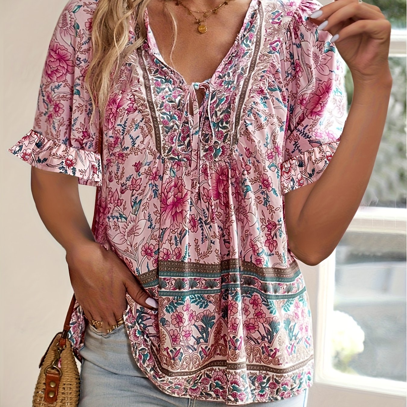 Chic and Adorable Bowknot Short Sleeve Shirt, Casual Bubble Sleeve Flared Ethnic Floral Print Women's Top for Vacation, Outings, Commuting, and Gatherings