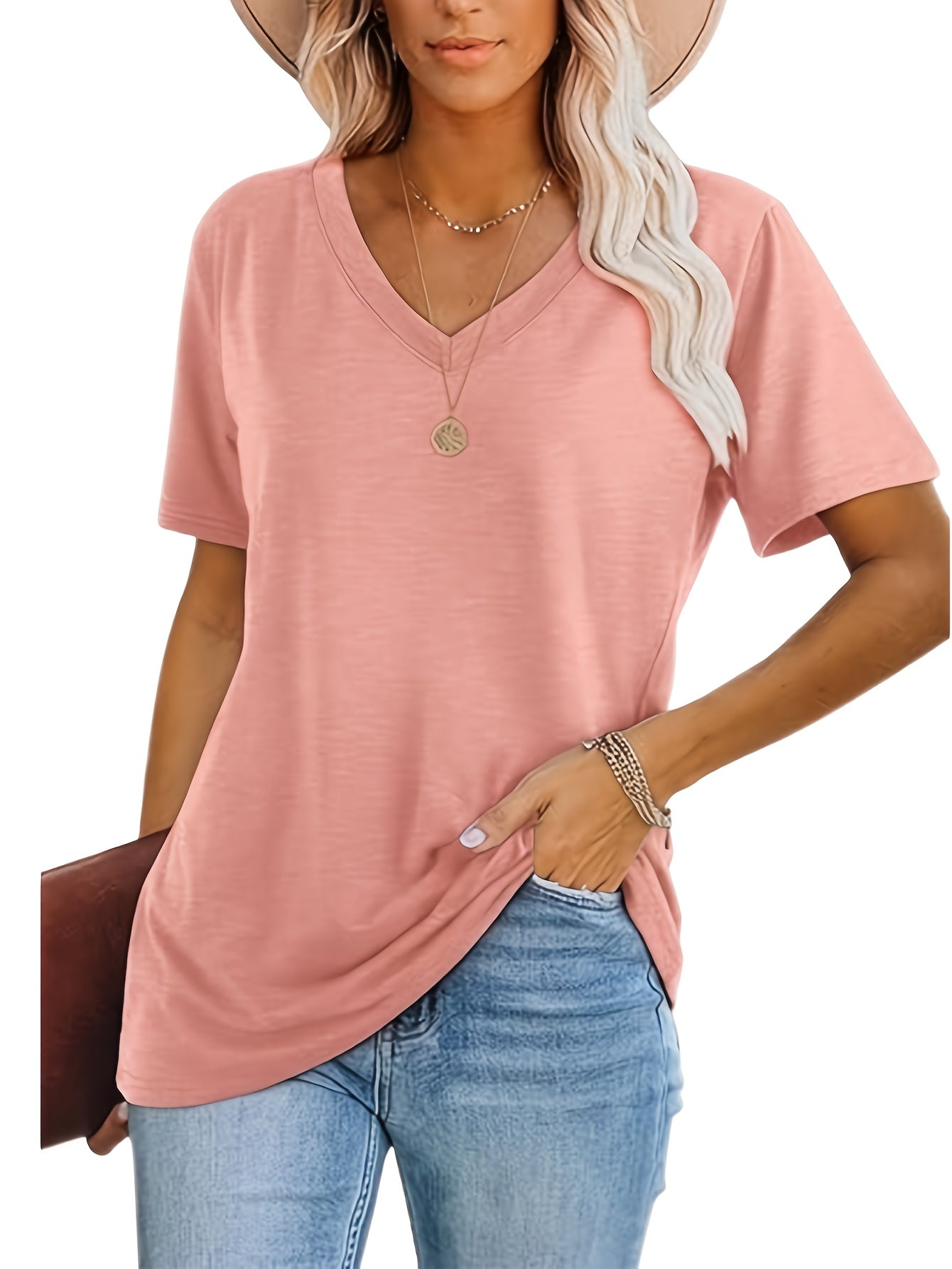 [Soft T-Shirts] 3pcs Soft Breathable Women's Casual V-Neck T-Shirts | Relaxed Fit Short Sleeve Tops in Black/White/Grey, Machine Washable, Versatile Casual Attire, Allseason Apparel, Minimalist Fashion, Comfortable Clothing