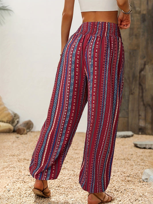 Women's Bohemian Ethnic Print High-Waisted Wide-Leg Pants - Elastic Waist Tassel Hem Lightweight Loose-Fit Trousers for Spring Summer Fall, Casual Outdoor Festivals & Beach Outings, Vacation Clothing, Loose Fit, Flowy Silhoue