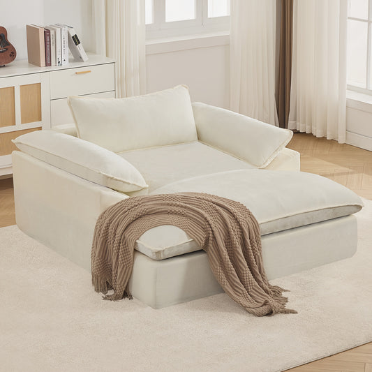 69" Oversized Boneless Chaise Lounge Chair - Modern White Chenille Upholstered Sofa Bed with Pocket Springs, No Assembly Required, Plush Cushioned Reading Chair with Ottoman for Living Room, Bedroom, Office - Space-Saving Con