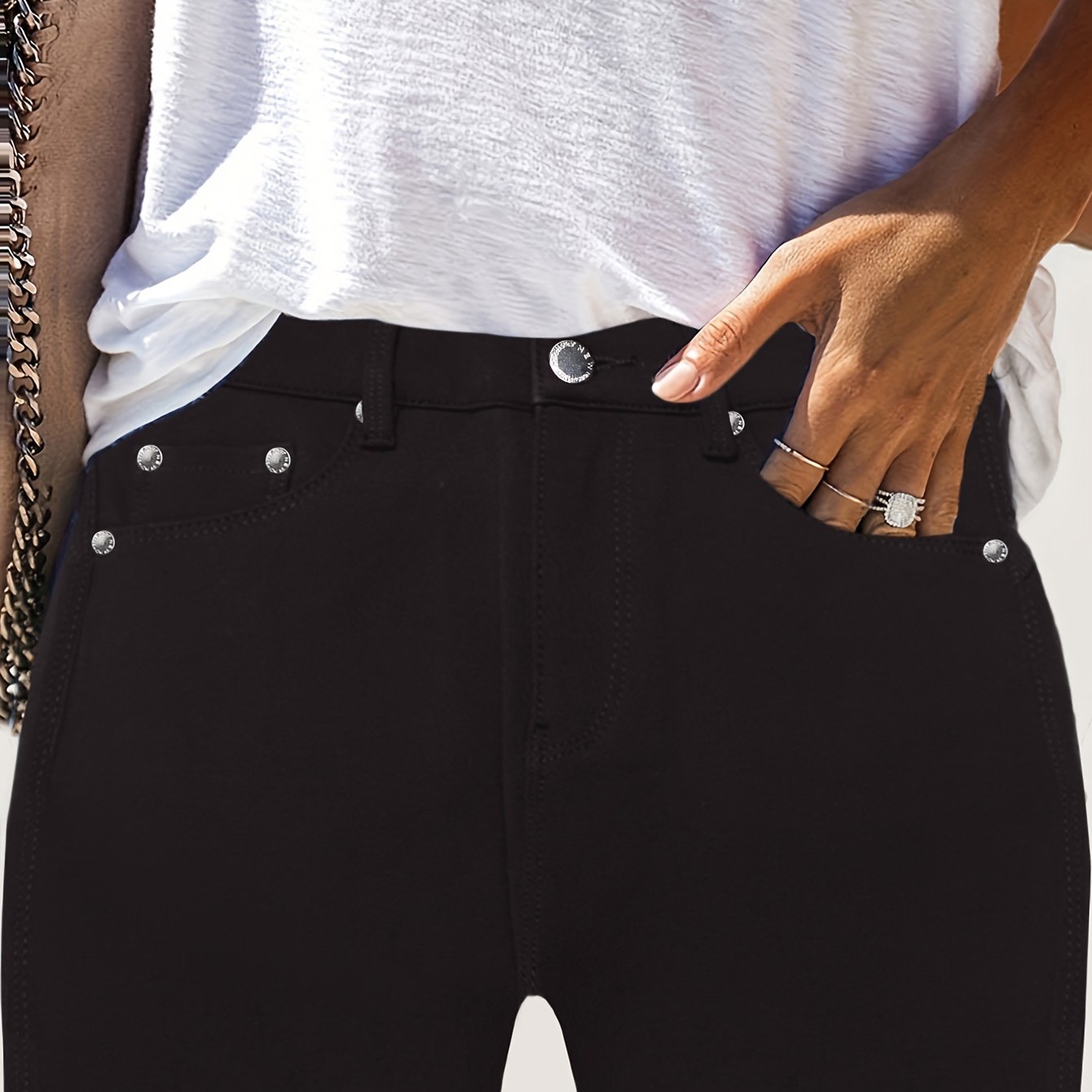 Women's High-Waisted Stretchy Street Style Solid Black Slim-Fit Jeans with Metal Button Details