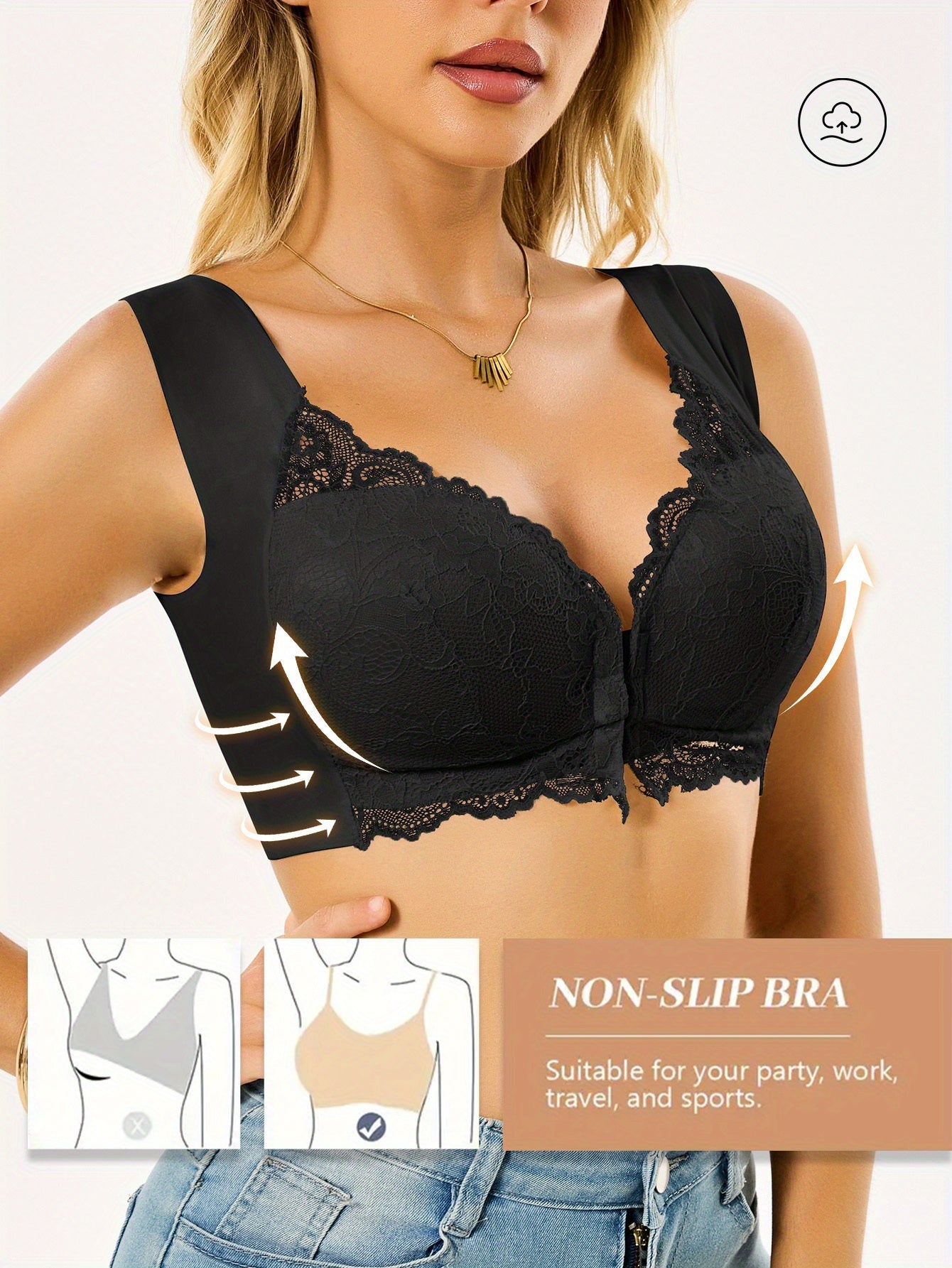 5pcs CELILIN Women's Elegant Lace Trim Sports Bra Set - Full Coverage Seamless Push-Up Yoga Tops with Front Closure, V-Neck Wide Strap Breathable Nylon Bras in Black/Navy/Beige/Taupe/Light Blue | Wire-Free, Slight Stretch & M