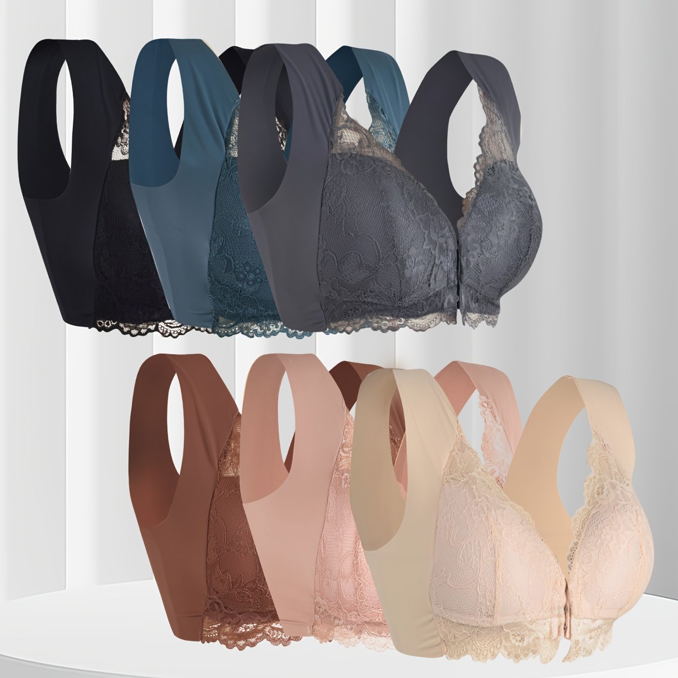 [Elegant Lace Bra] 6 Pack Elegant Lace Bra - Front Clasp, Wireless High Support, Breathable Nylon, Perfect Fit, Large Size, Multiple Colors