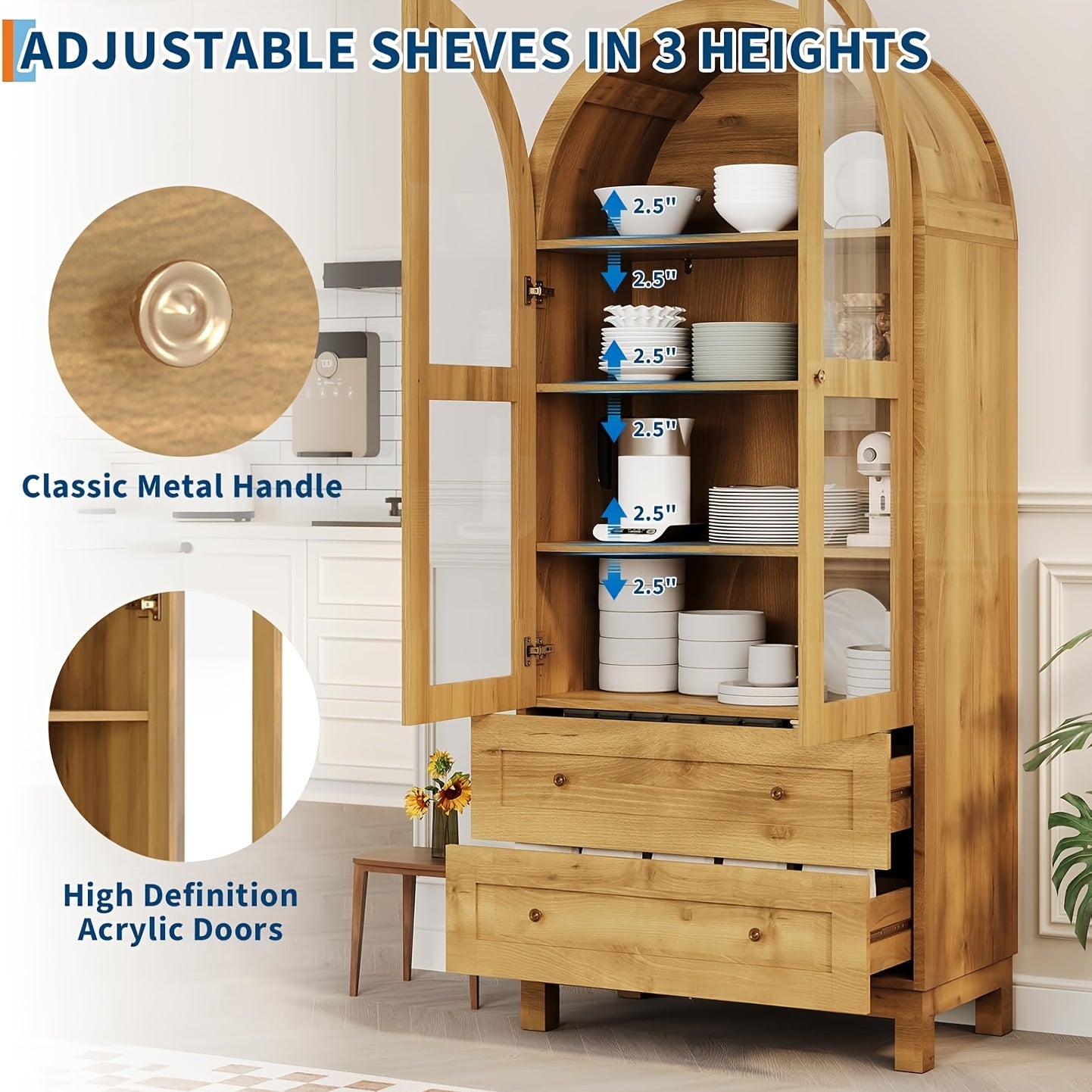 71" Tall Farmhouse Kitchen Cabinet with 2 Large Drawers - Heavy-Duty Hardwood Construction, Arched Design, Adjustable Shelf - Freestanding Storage Organizer for Kitchen, Dining Room, Bathroom - Space-Saving Vertical Storage S