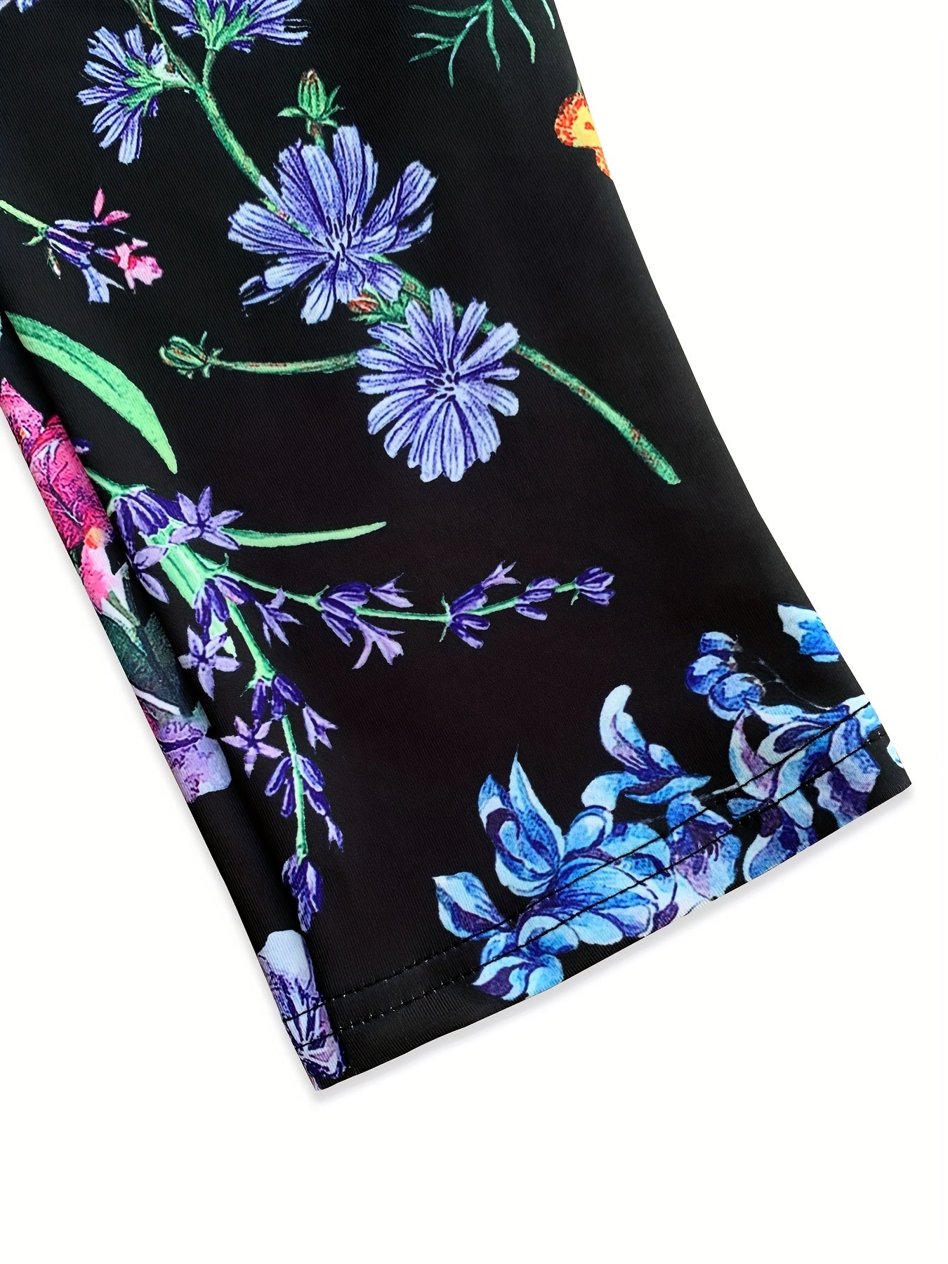 Women's High-Elasticity Floral Print Yoga Leggings - Vibrant Pink, Blue & Green Floral Design on Black Background, Machine Washable, Perfect for Fitness, Pilates, Dance & Casual Wear, Yoga Pants