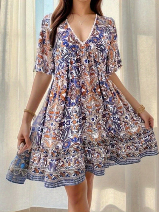 Women's Bohemian Floral Print V-Neck Summer Dress - Knee-Length Short Sleeve with Ruching Detail, Machine Washable Casual Holiday & Streetwear Dress, Cute Summer Dresses, Comfortable Fit