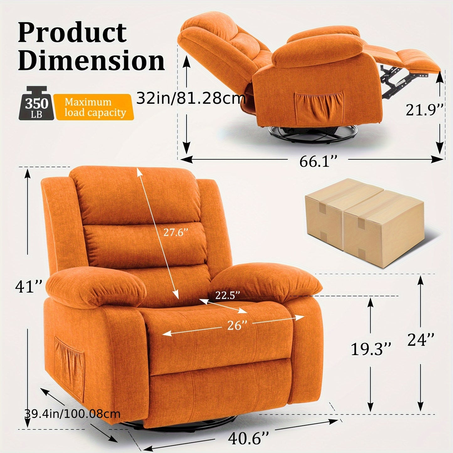 360° Rotating Extra-Large Recliner Chair with Massage & Heating Functions - Manual Adjustable Orange Cashmere Rocking Chair for Adults, Ergonomic Design with Side Pockets, Mother's Day/Father's Day Gift for Living Room, Chai