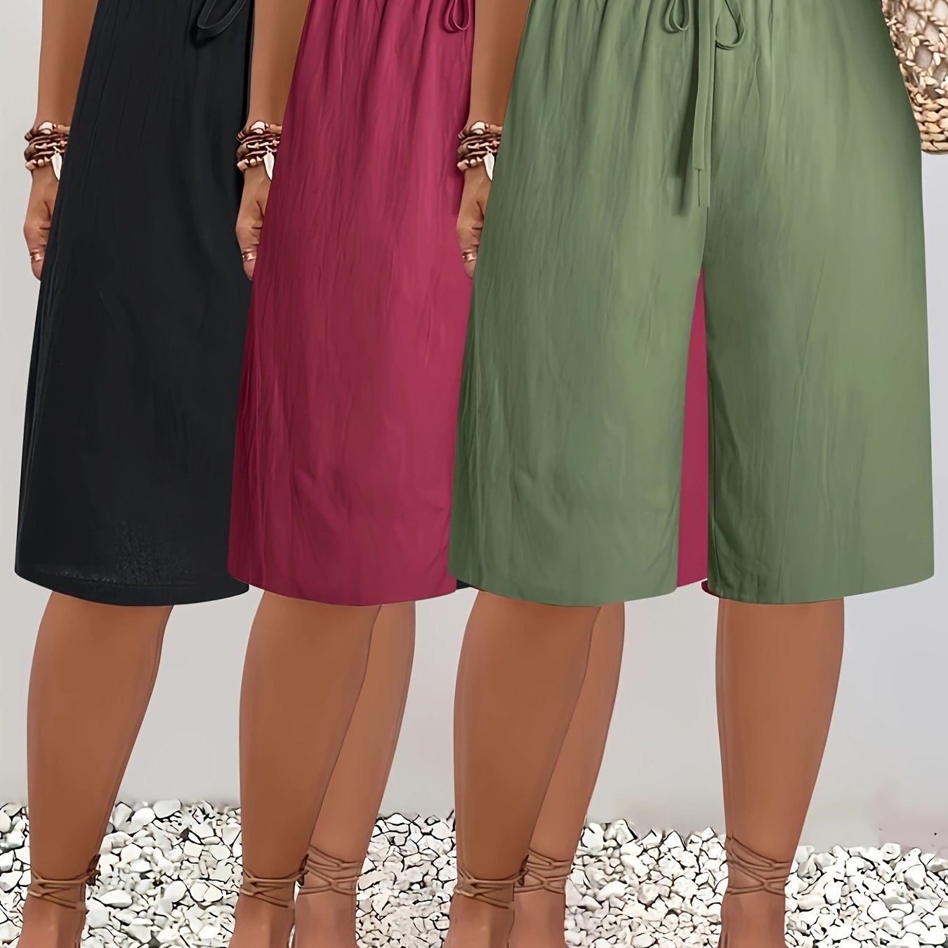 [High-Waisted Shorts] 3pcs High-Waisted Wide-Leg Shorts | Women's Casual Mid-Thigh Length Non-Stretch Fabric, Solid Colors - Machine Washable