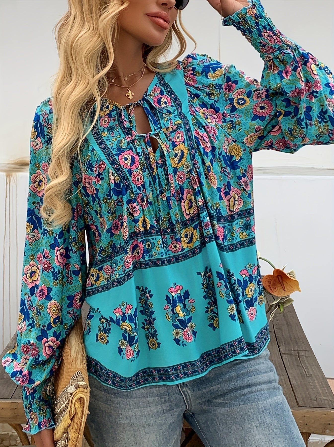 ZAFUL Women's Bohemian Floral Print Shirt - Loose V-Neck Lace-Up Long Sleeve Top with Adjustable Drawstring Cuffs, Lightweight Machine-Washable Fabric for Spring Summer Fall, Casual Vacation & Casual Attire, Cute Long Sleeve