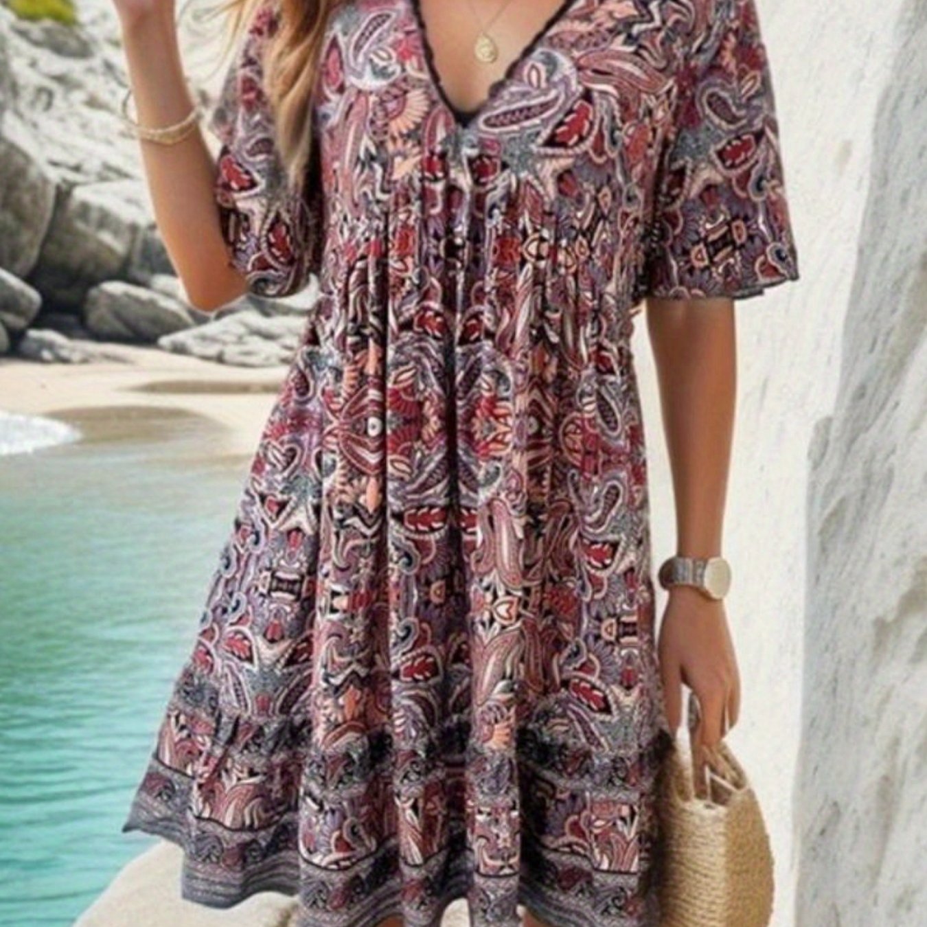 Womens Summer Casual V Neck Summer Half Sleeve Bohemian Floral Print Mini Short Dresses Holiday Streetwear